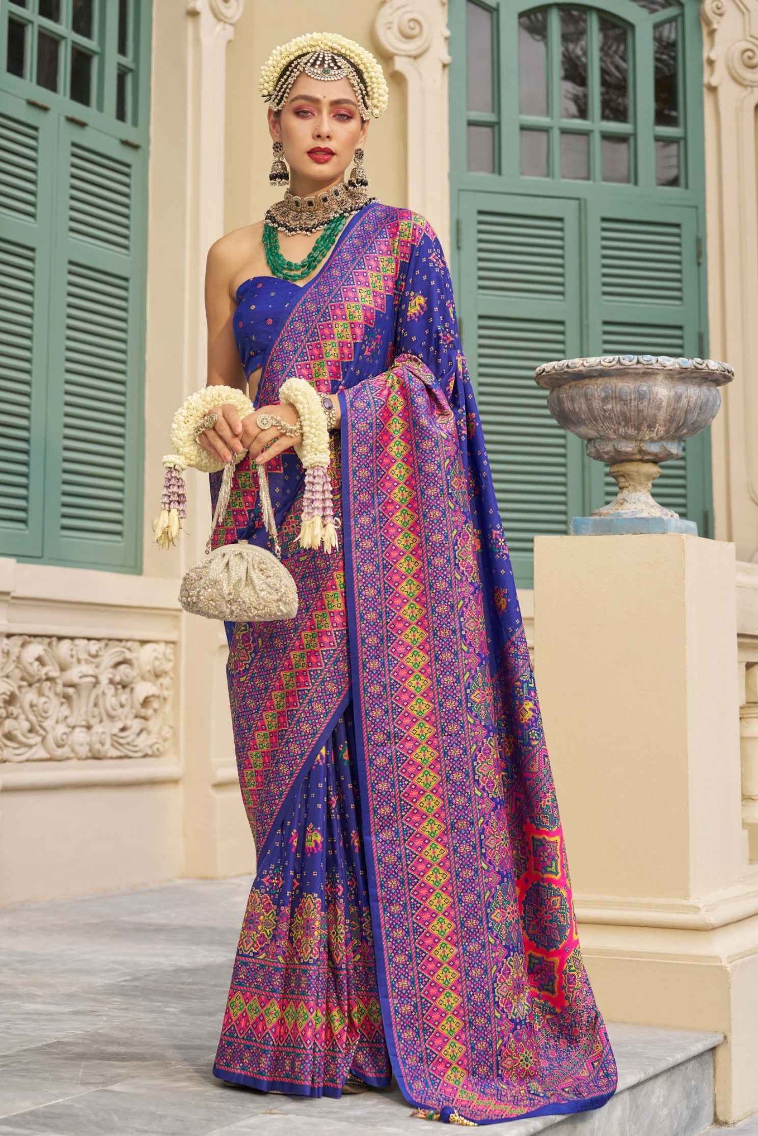 Buy MySilkLove Navy Blue Printed Kashmiri Jamewar Silk Saree Online