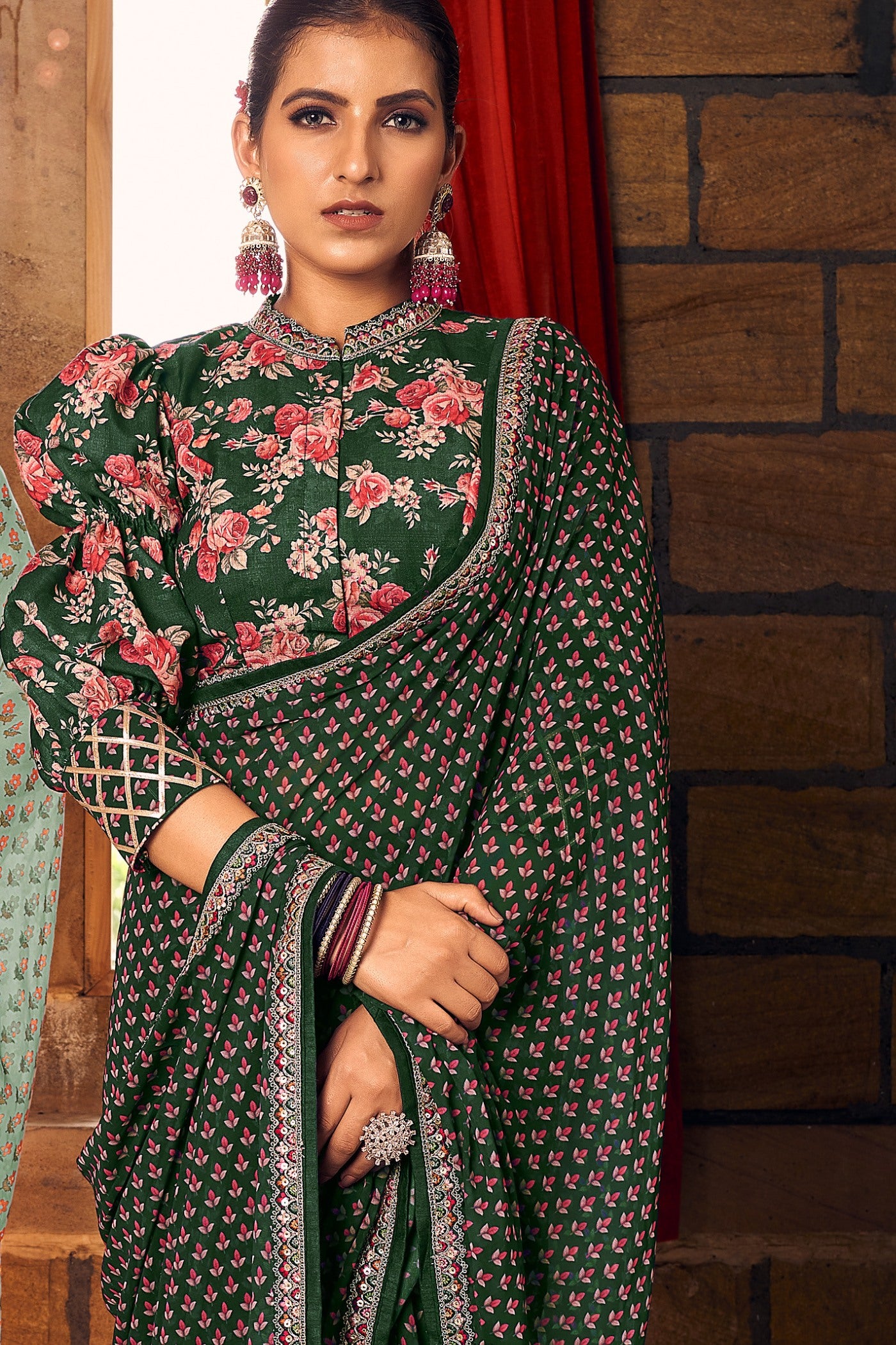 Buy MySilkLove Dark Leaf Green Georgette Digital Printed Saree Online