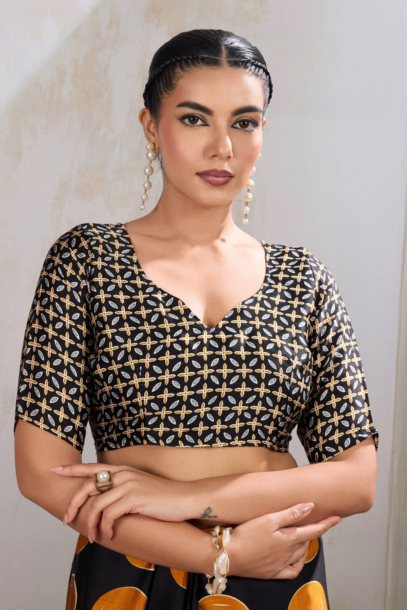 Buy MySilkLove Apricot Orange and Black Printed Polka Dots Satin Crepe Saree Online