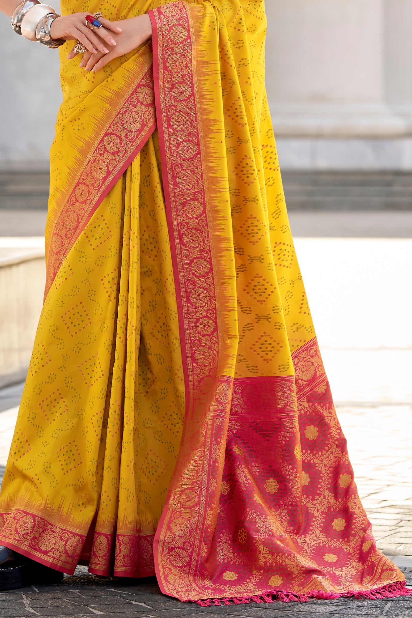 Buy MySilkLove Fuel Yellow Woven Banarasi Bandhani Soft Silk Saree Online