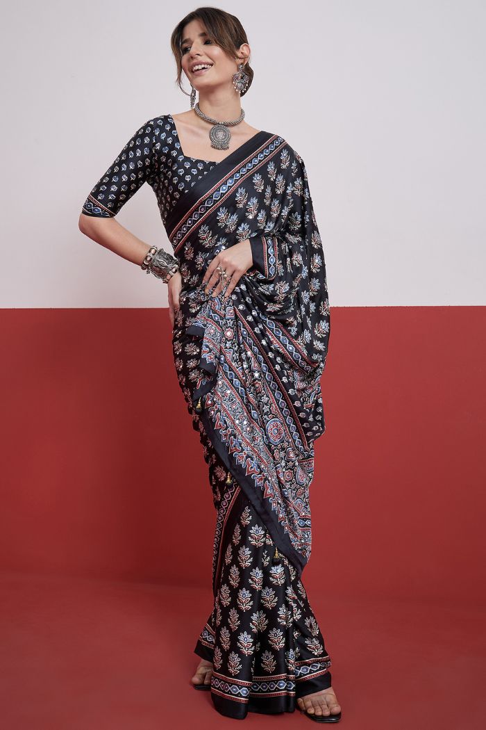 Buy MySilkLove Ebony Black Modal Ajrakh Satin Printed Mirror Work Saree Online