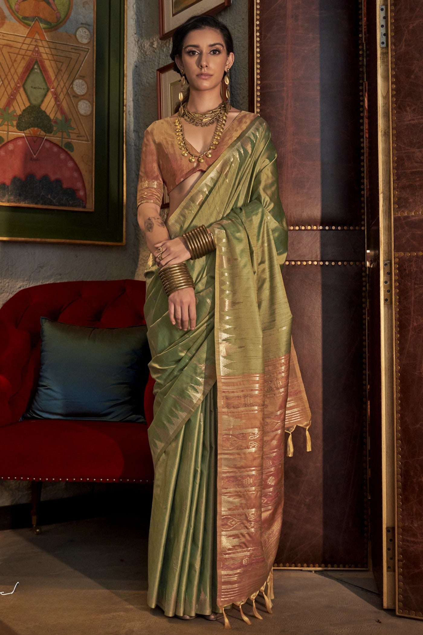 Buy MySilkLove Mineral Green Woven Linen Saree Online