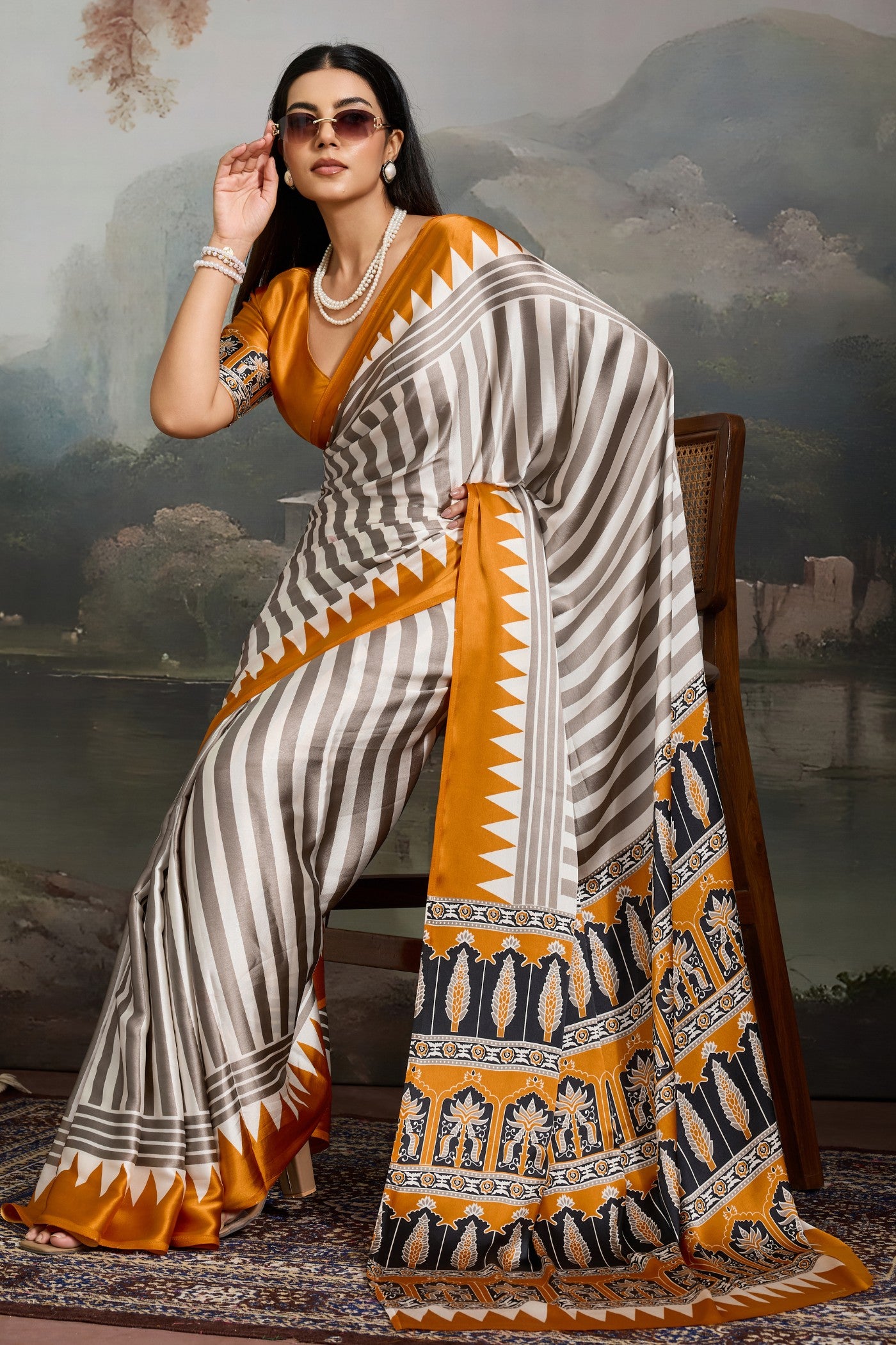 Buy MySilkLove Bone White and Yellow Ajrakh Printed Satin Crepe Silk Saree Online