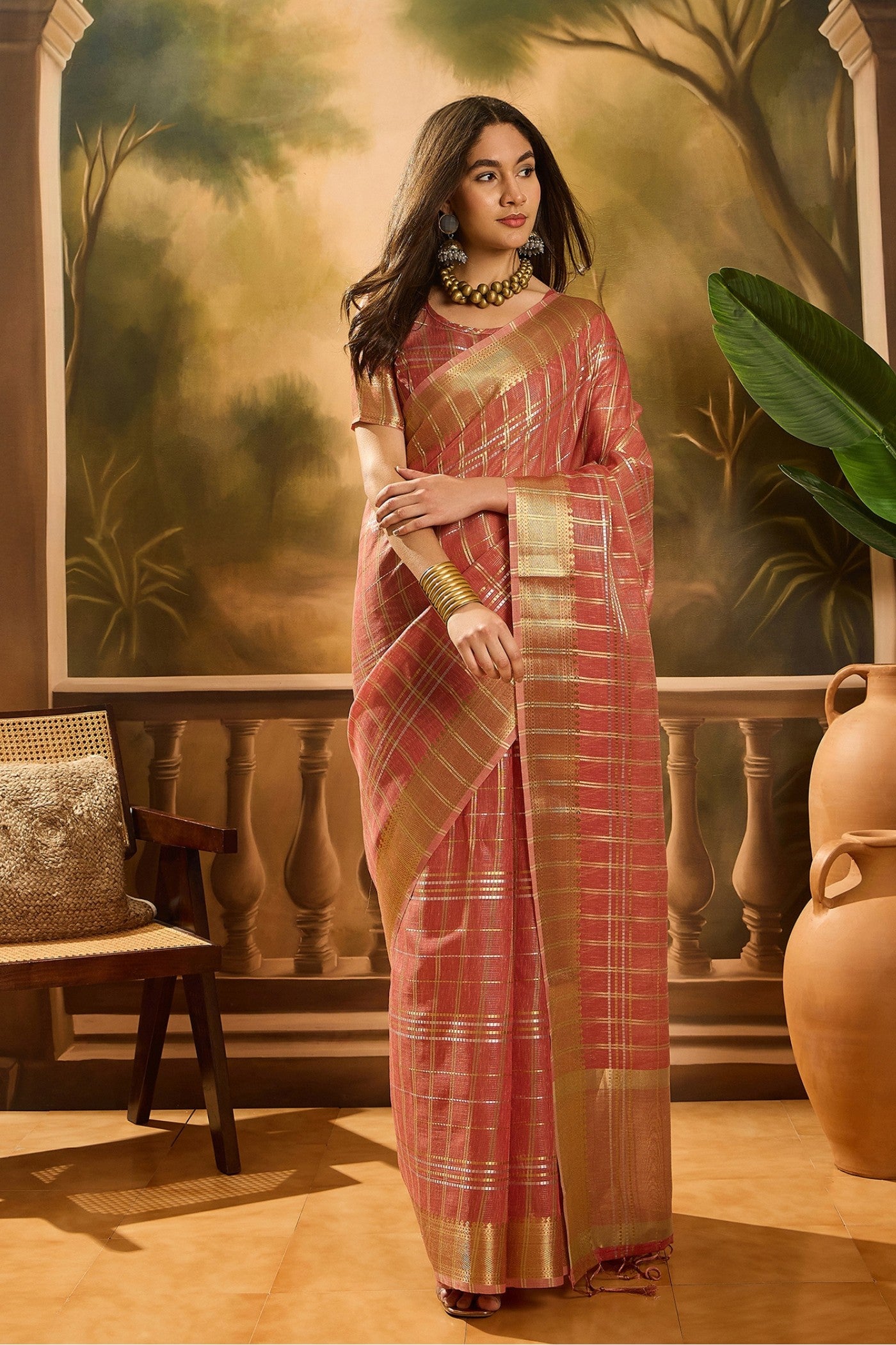 Buy MySilkLove Rust Peach Woven Organza Saree Online