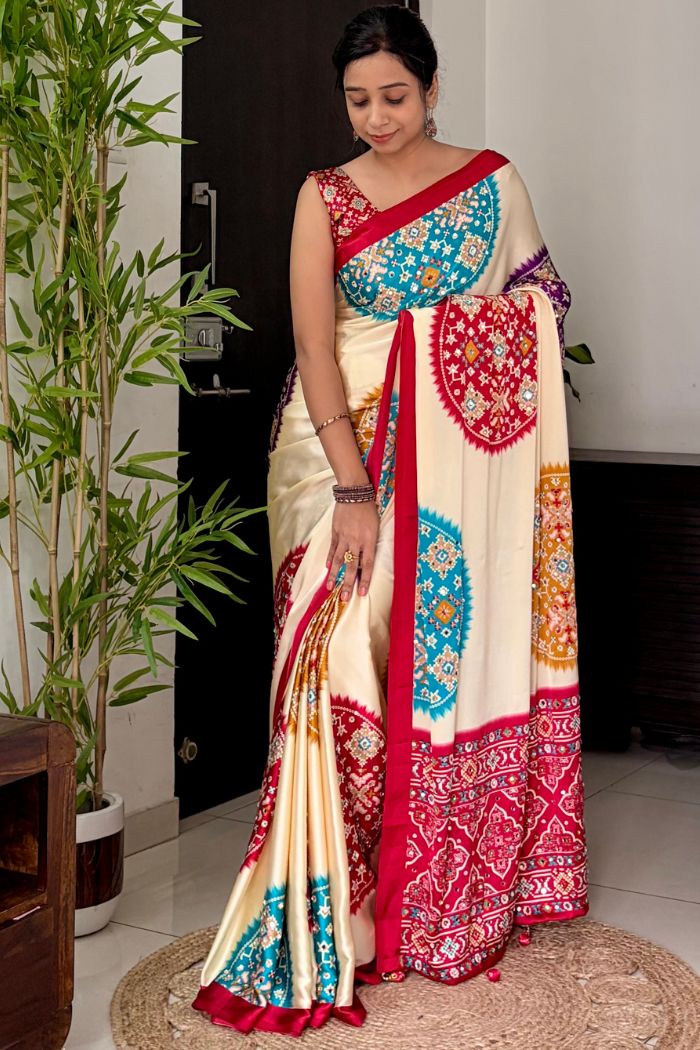 Buy MySilkLove Biscuit Cream and Red Modal Ajrakh Satin Printed Mirror Work Saree Online