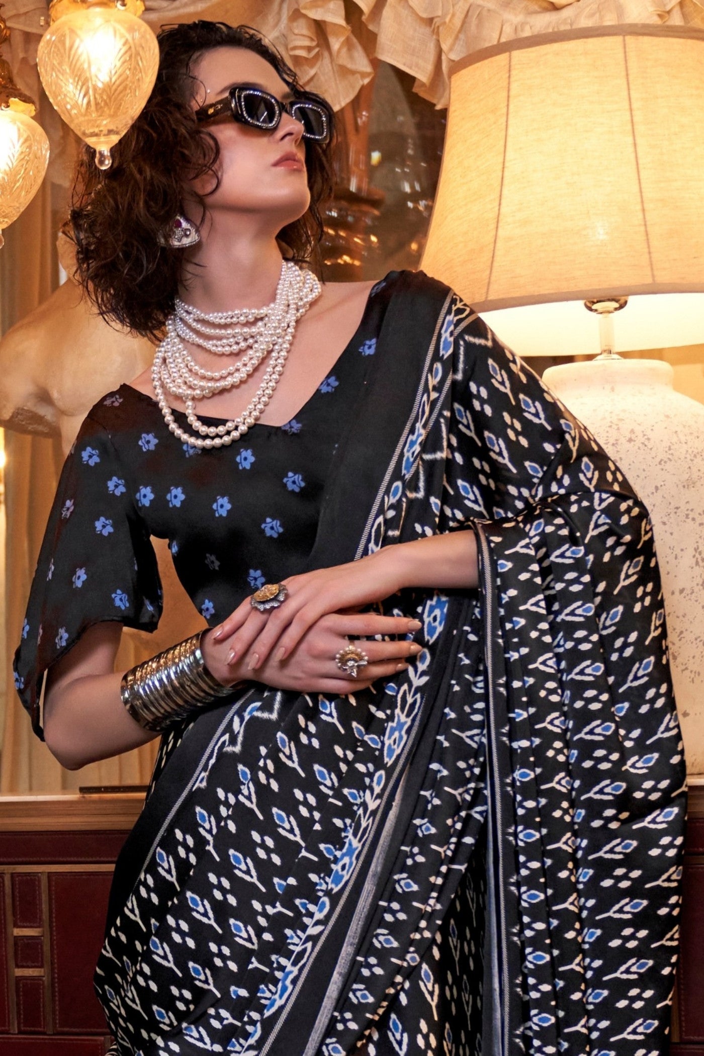 Buy MySilkLove Spider Black Patola Printed Satin Crepe Saree Online