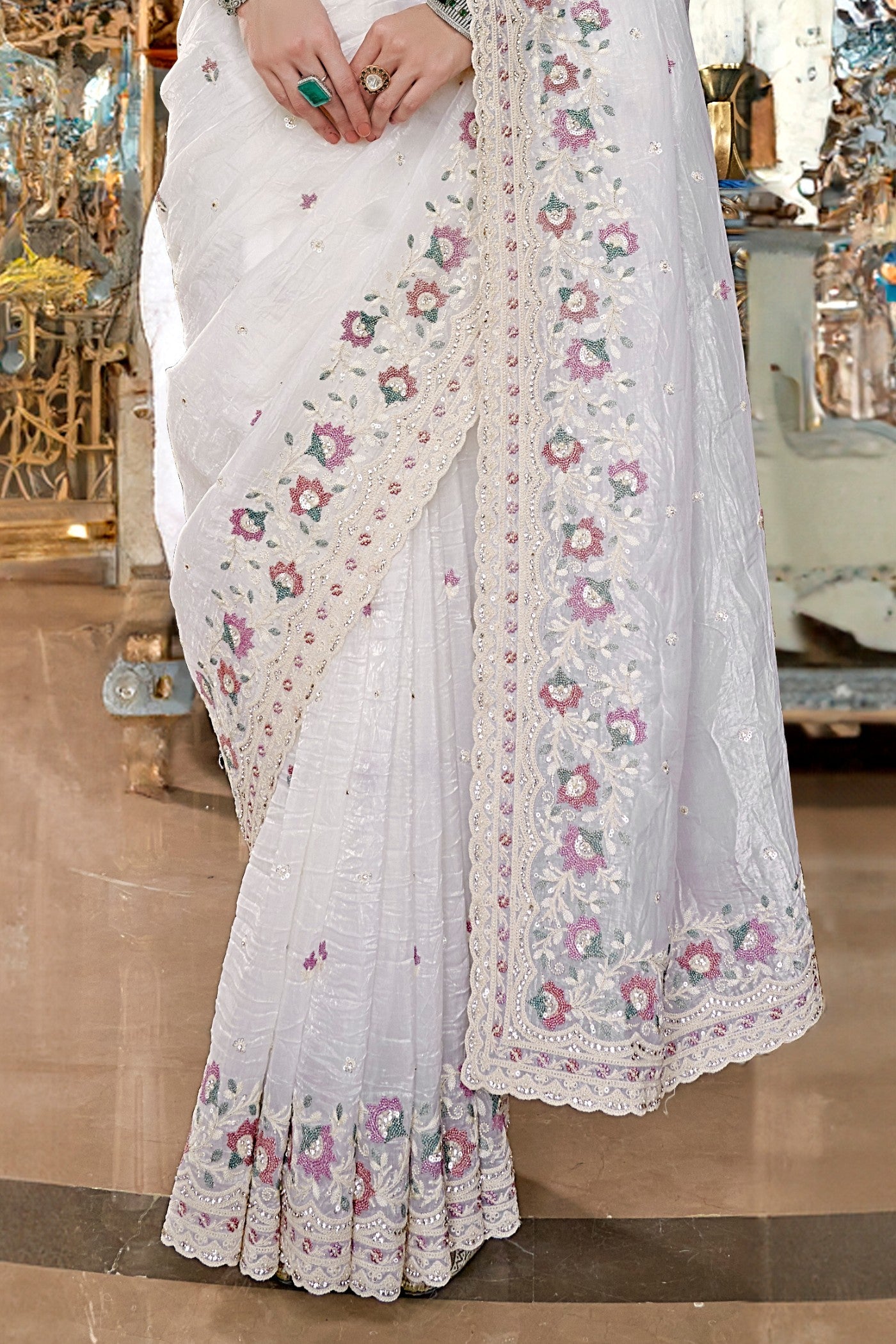 Buy MySilkLove Pearl White Embroidery Designer Saree Online