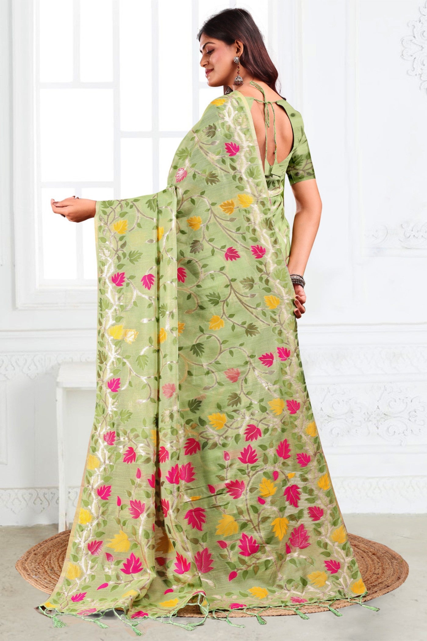 Buy MySilkLove Light Green Woven Linen Cotton Saree Online