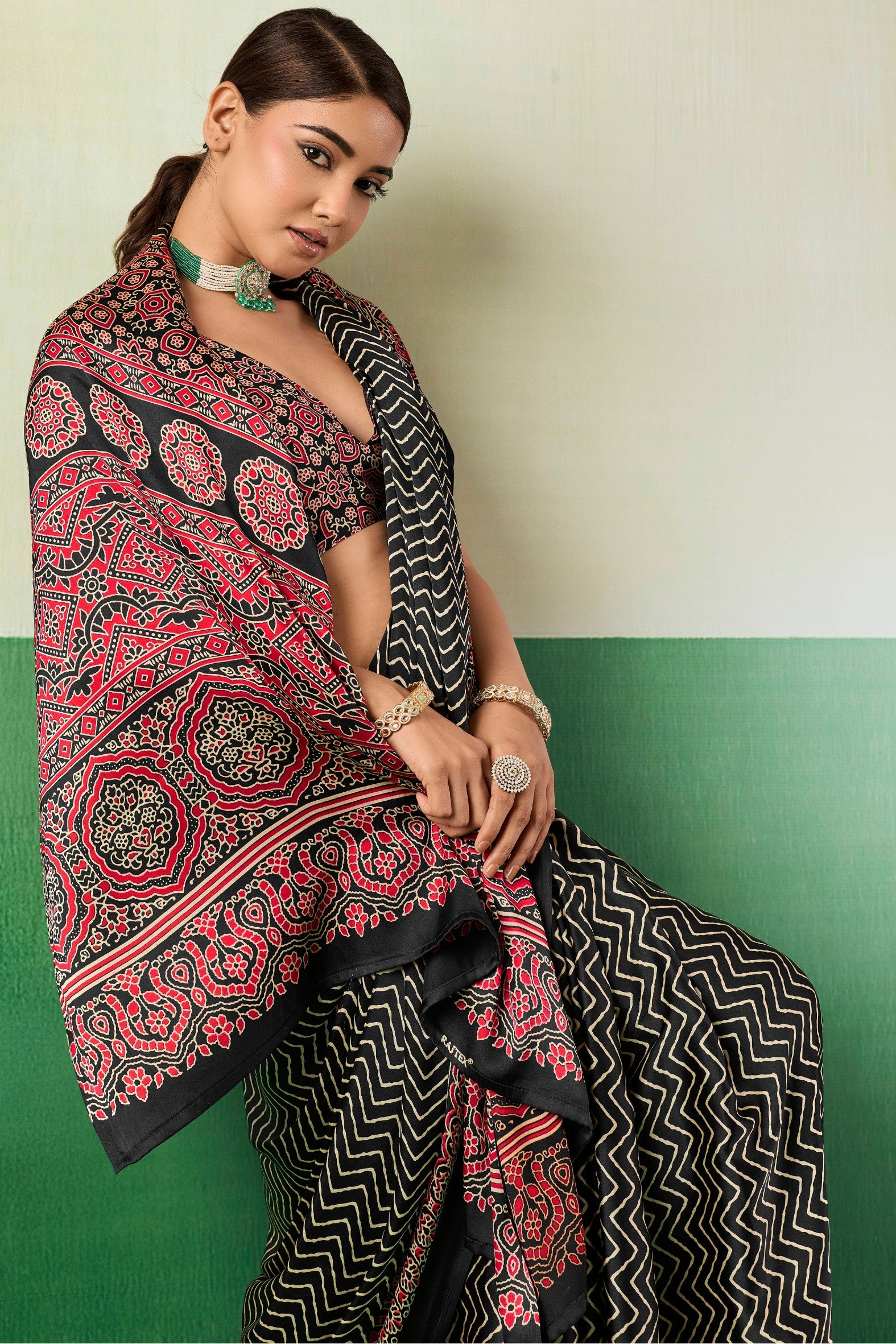 Buy MySilkLove Violet Black Modal Ajrakh Satin Printed Silk Saree Online