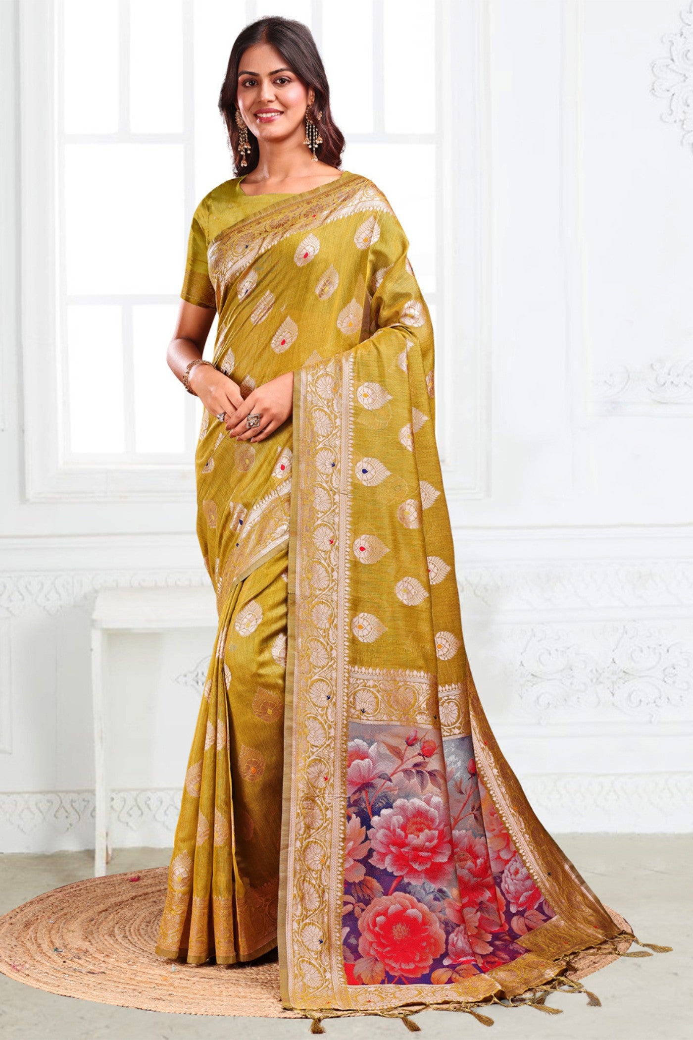 Buy MySilkLove Mhendi Green Woven Linen Cotton Saree Online