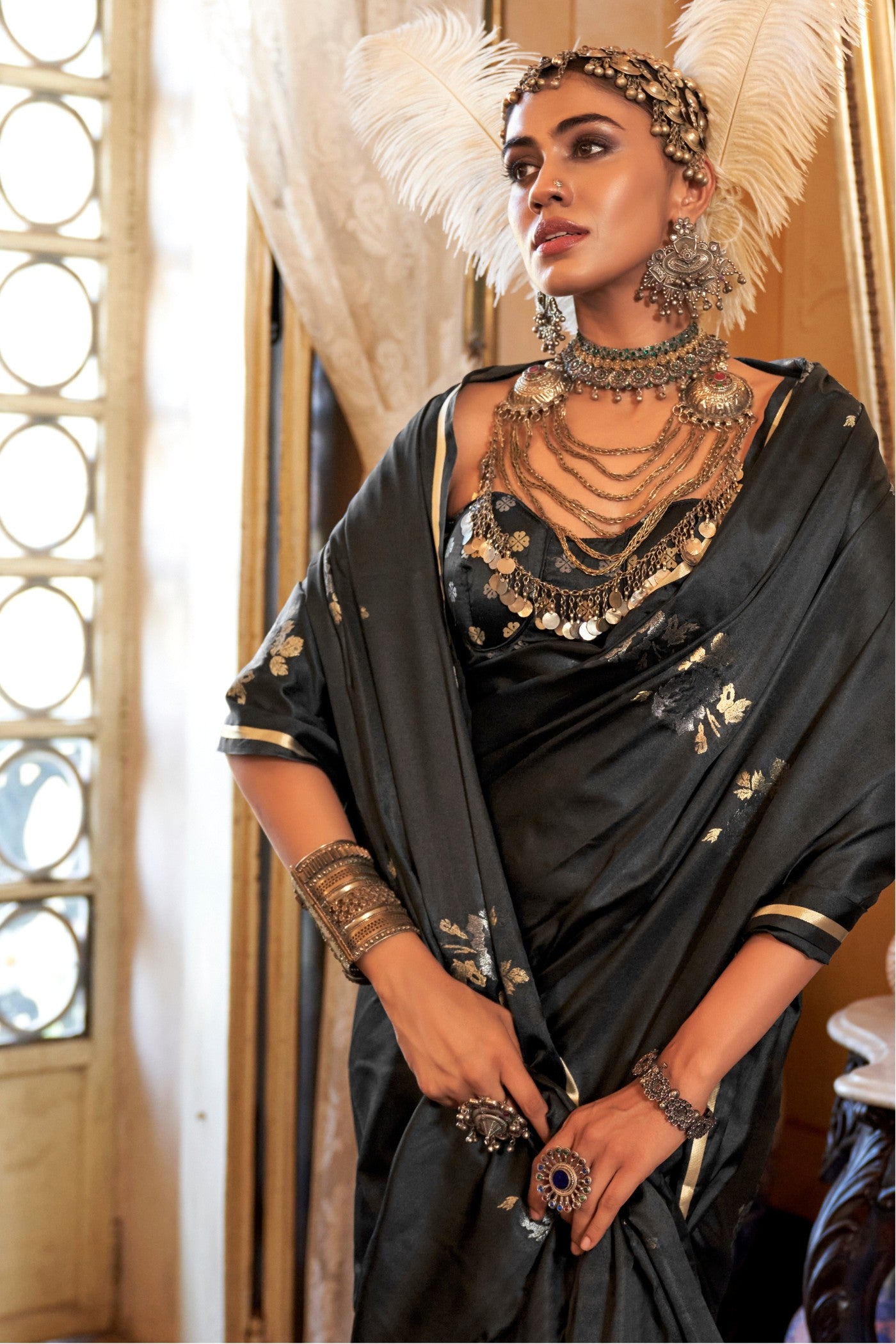 Buy MySilkLove Grease Black Banarasi Satin Saree Online