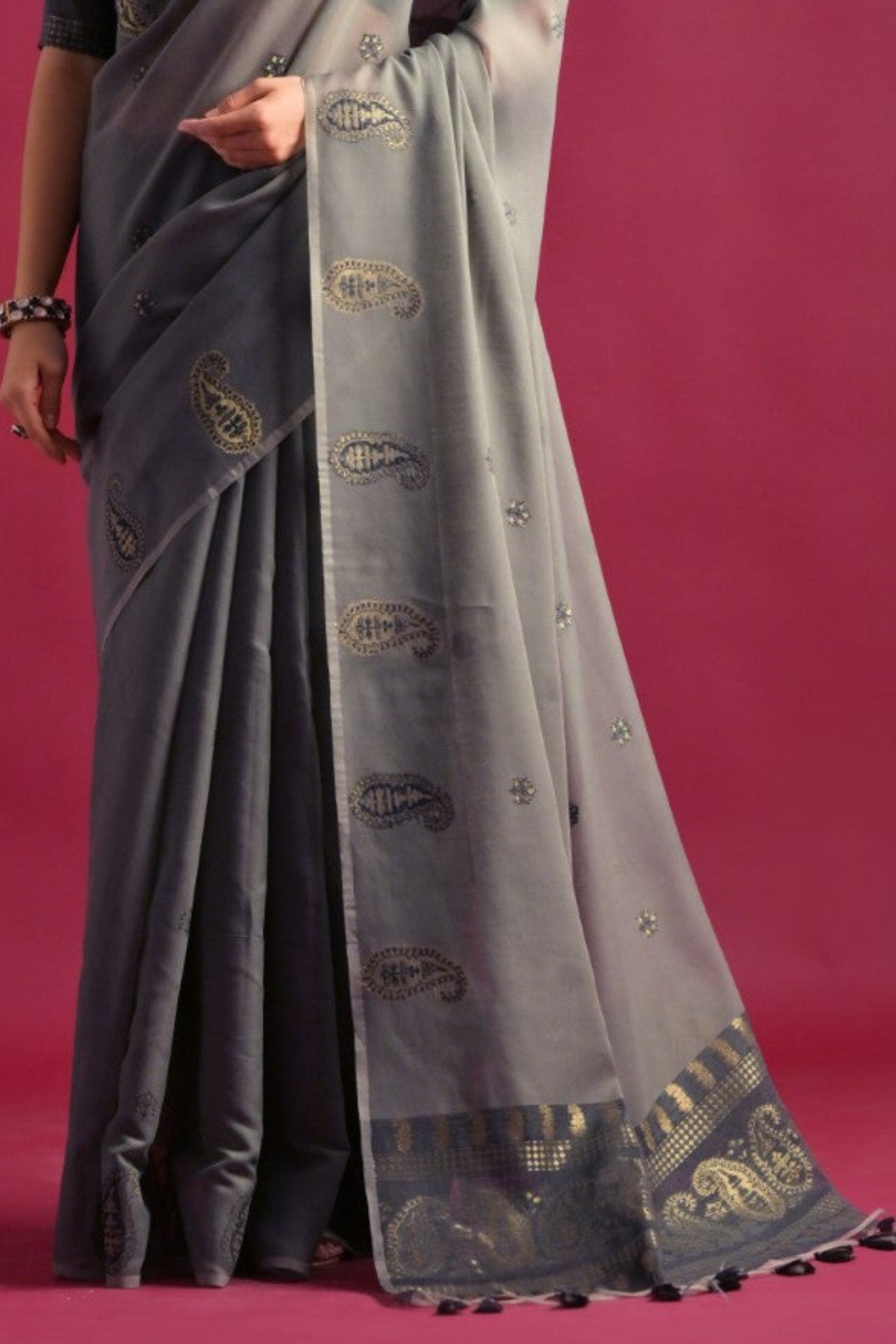 Buy MySilkLove Cloudy Grey Woven Mul Cotton Saree Online