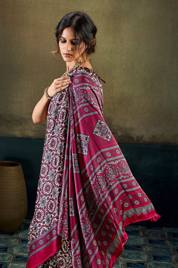 Buy MySilkLove Elegant Maroon Modal Ajrakh Satin Printed Silk Saree Online