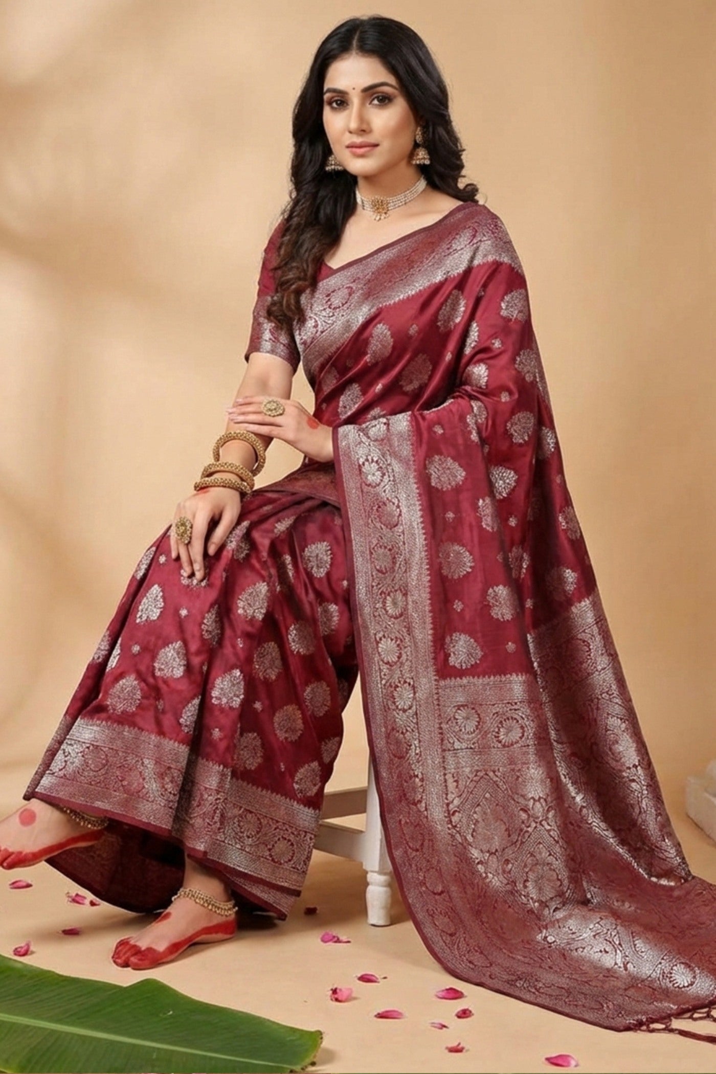 Buy MySilkLove Tan Maroon Banarasi Woven Silk Saree Online
