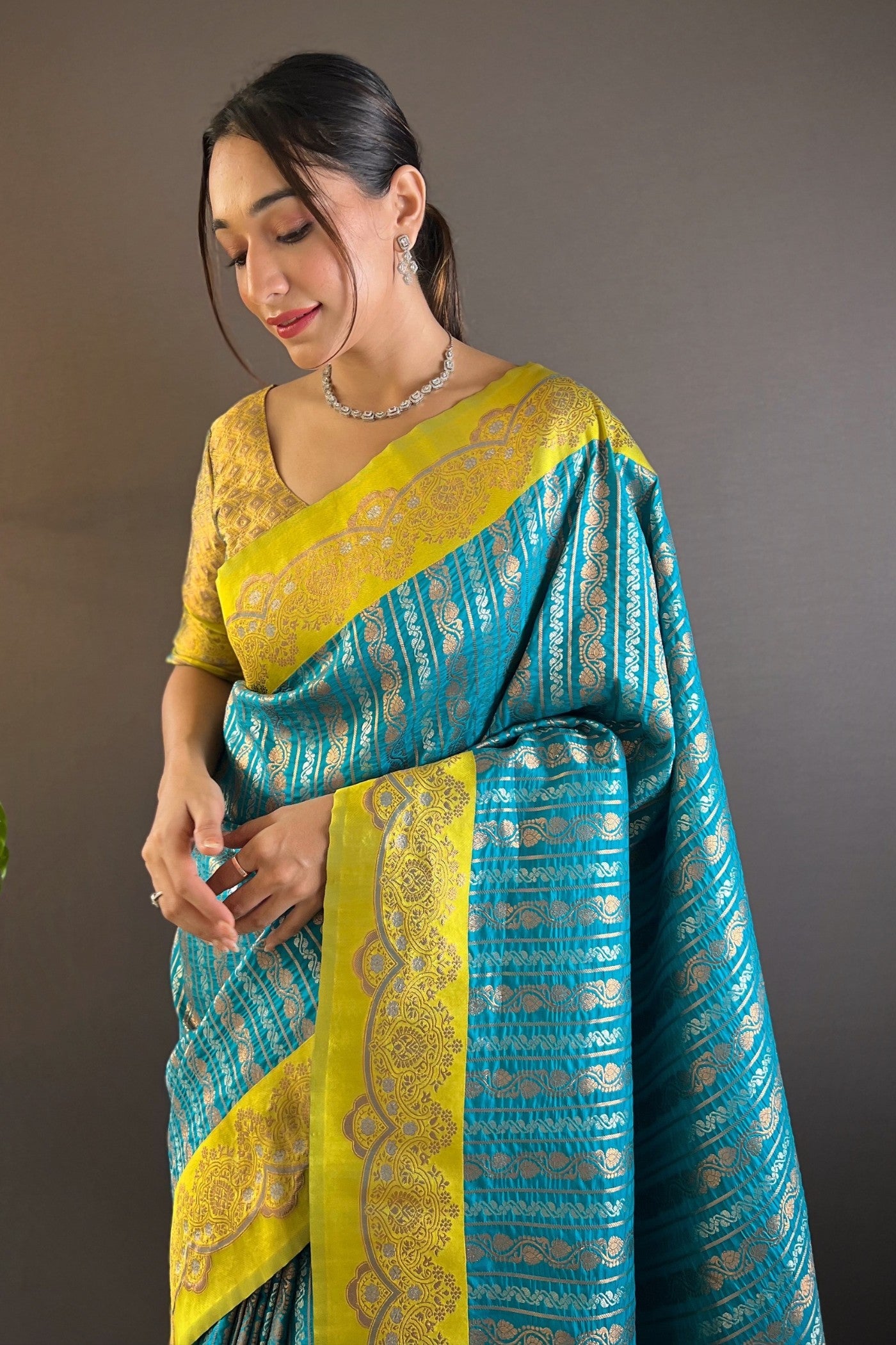 Buy MySilkLove Malachite Blue Zari Woven Banarasi Saree Online