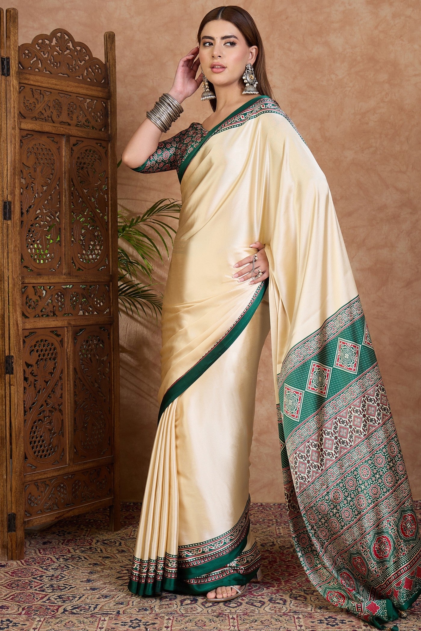 Buy MySilkLove Rice Cream and Green Ajrakh Printed Satin Crepe Silk Saree Online