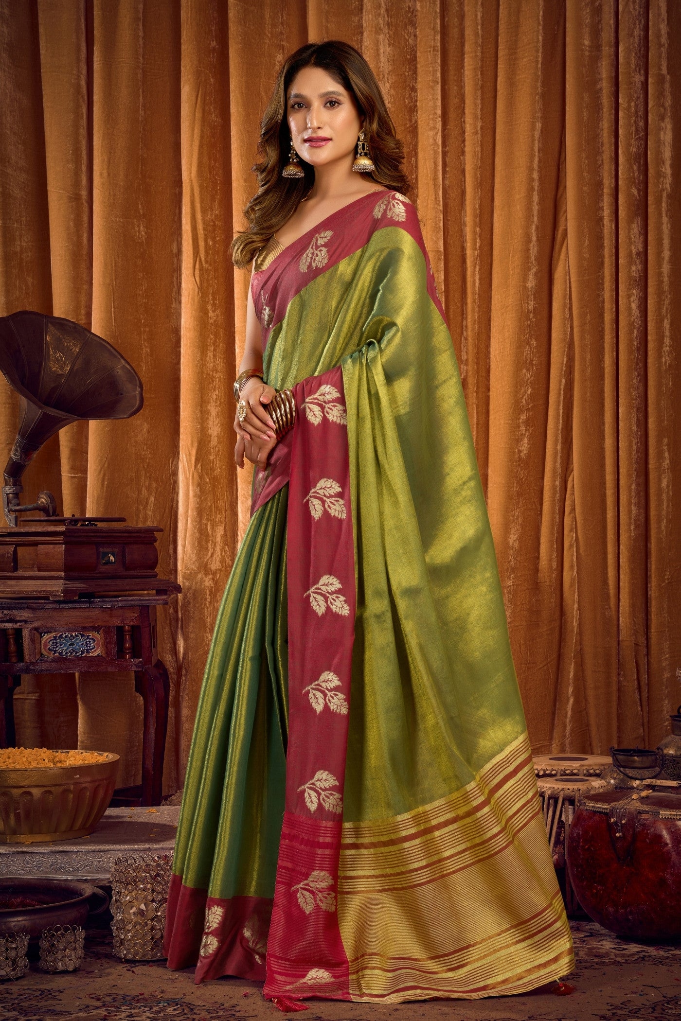 Buy MySilkLove Fern Green Woven Tissue Saree Online