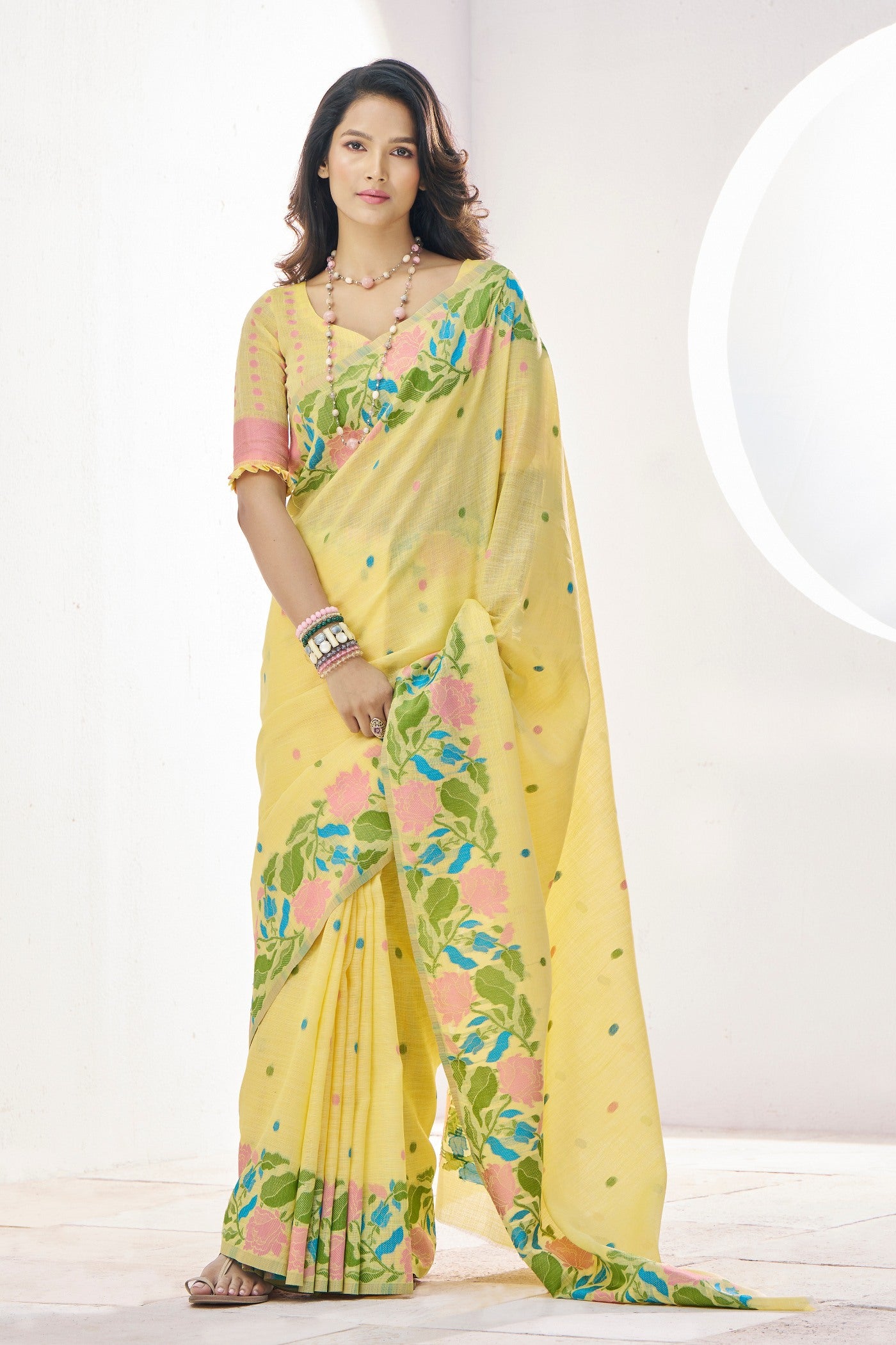 Buy MySilkLove Putty Yellow Woven Linen Saree Online