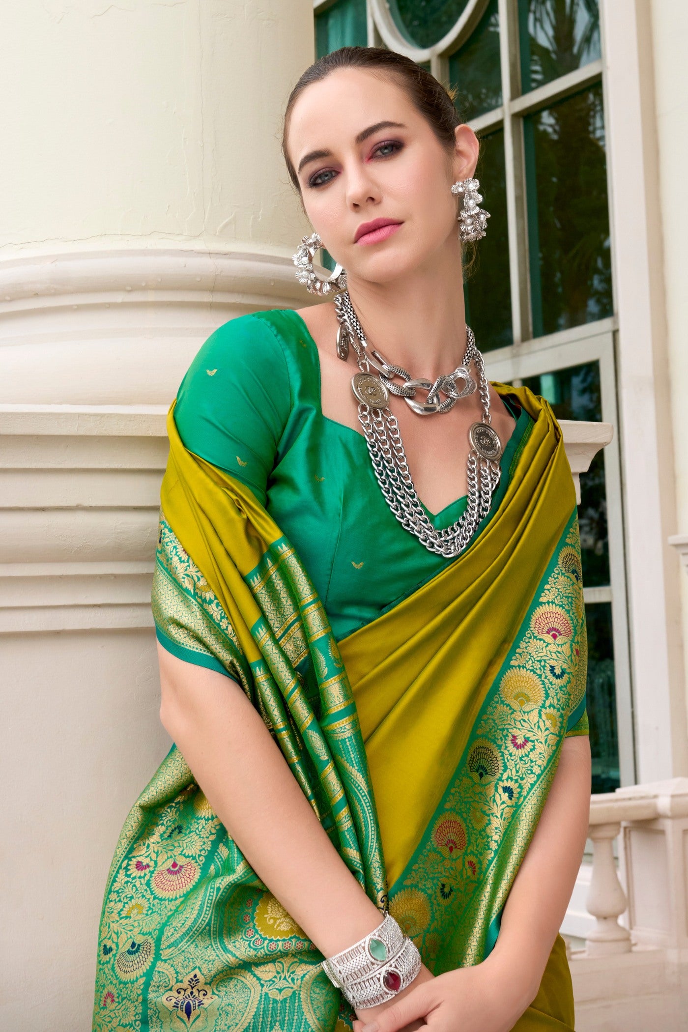 Buy MySilkLove Galliano Green Woven Banarasi Soft Silk Saree Online