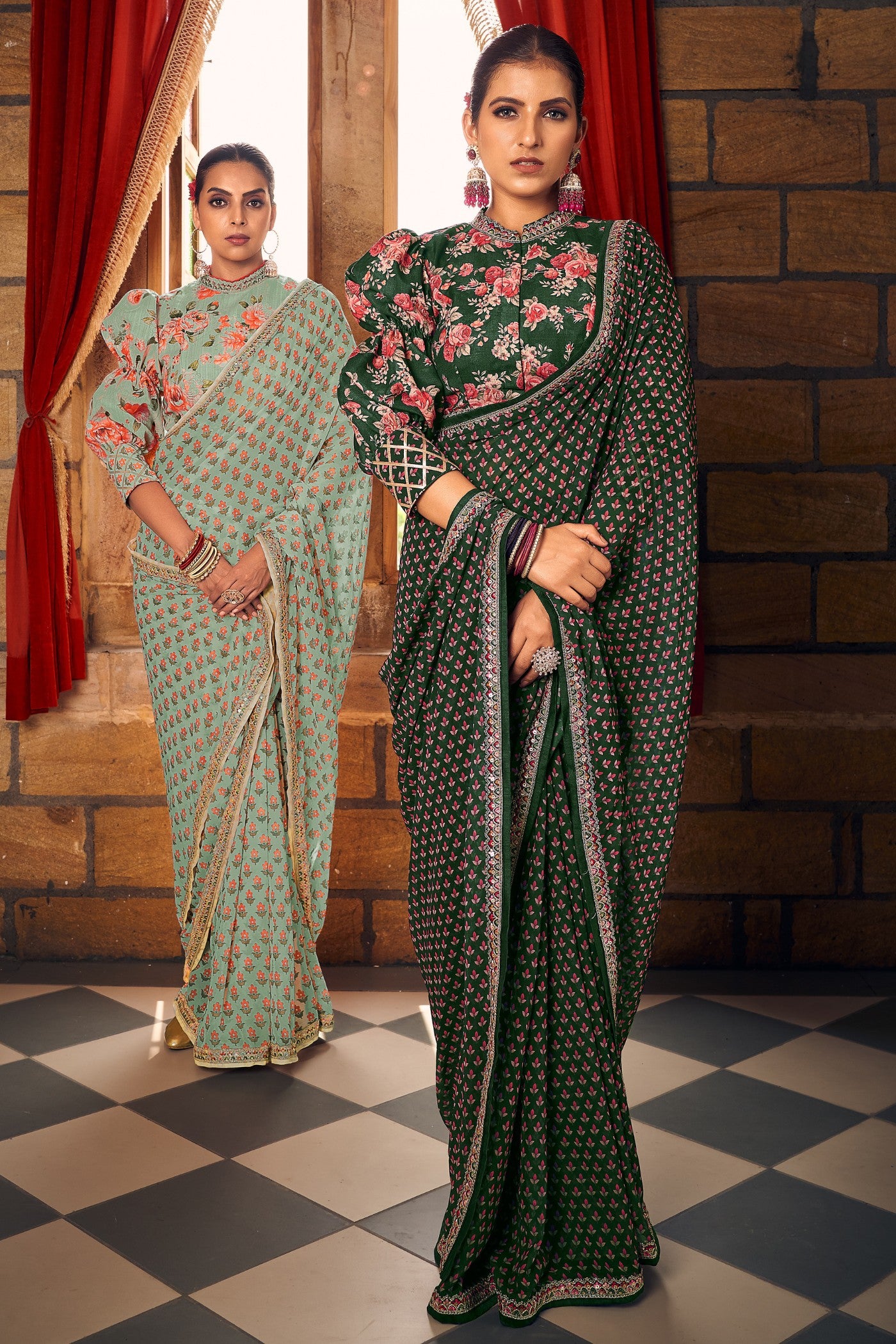 Buy MySilkLove Dark Leaf Green Georgette Digital Printed Saree Online