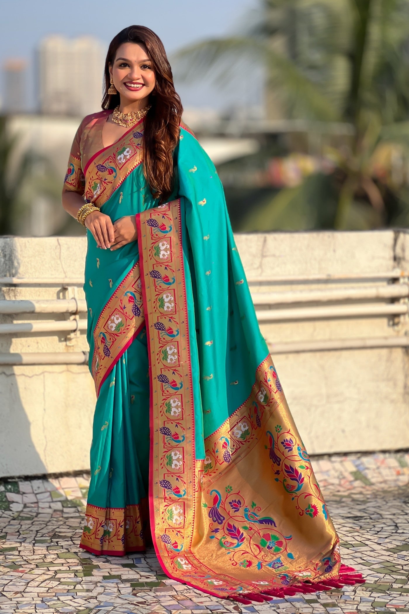 Buy MySilkLove Ocean Blue Zari Woven Paithani Saree Online