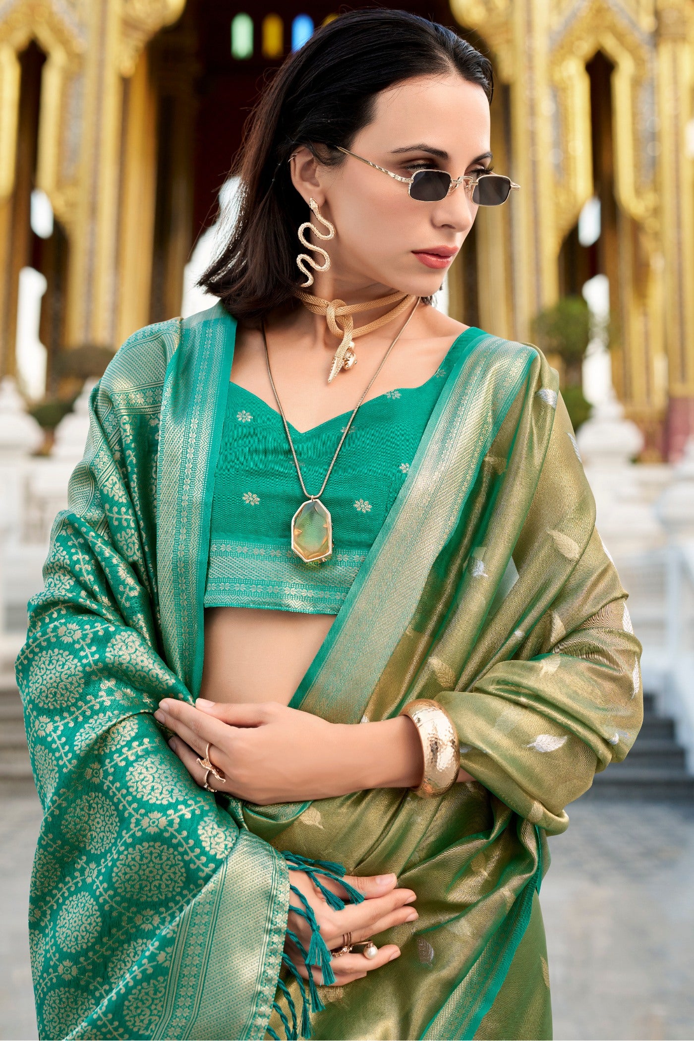 MySilkLove Sapling Green Tissue Silk Saree