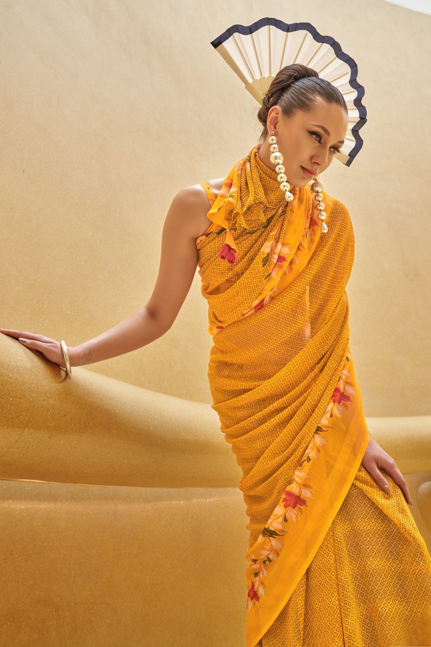 MySilkLove Tulip Yellow Georgette Printed Saree