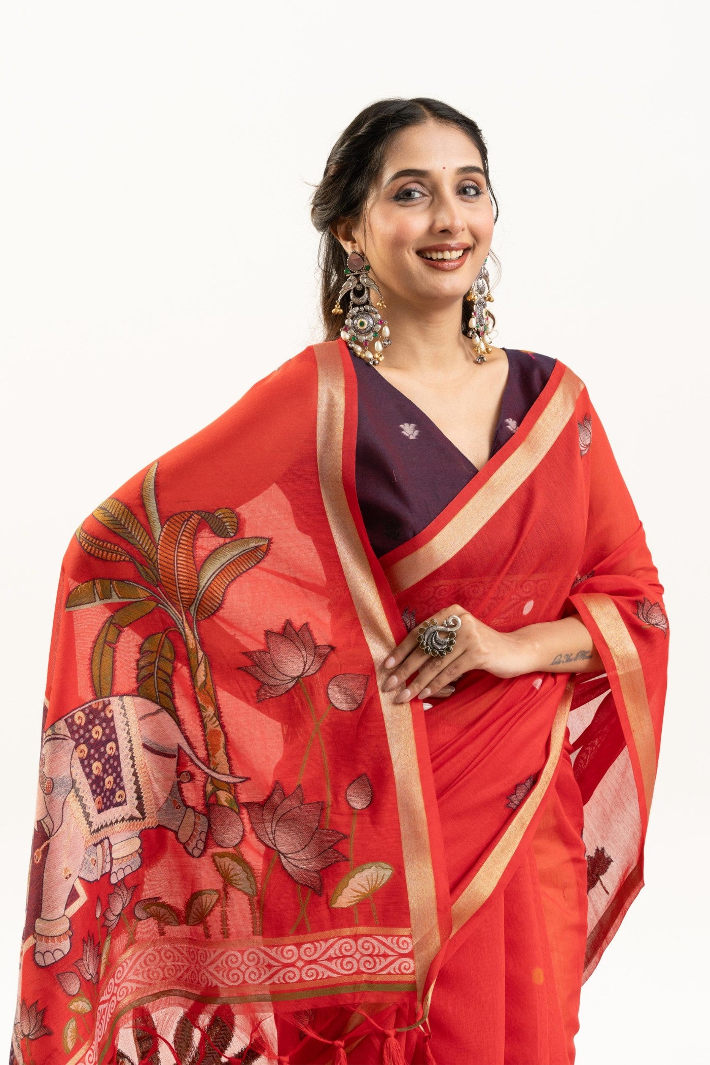 MySilkLove Vermilion Glow Red Woven Soft Muga Cotton Saree