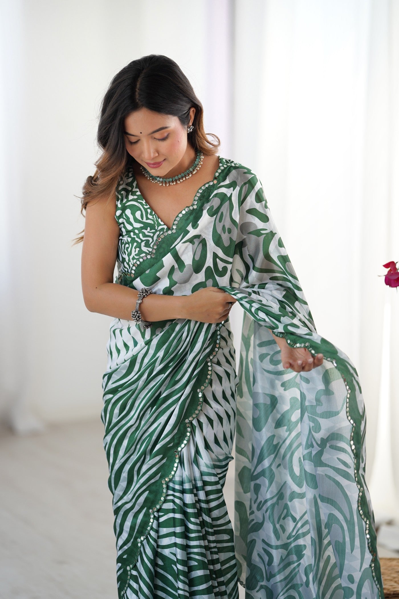 MySilkLove Spring Green Chinon Partywear Saree