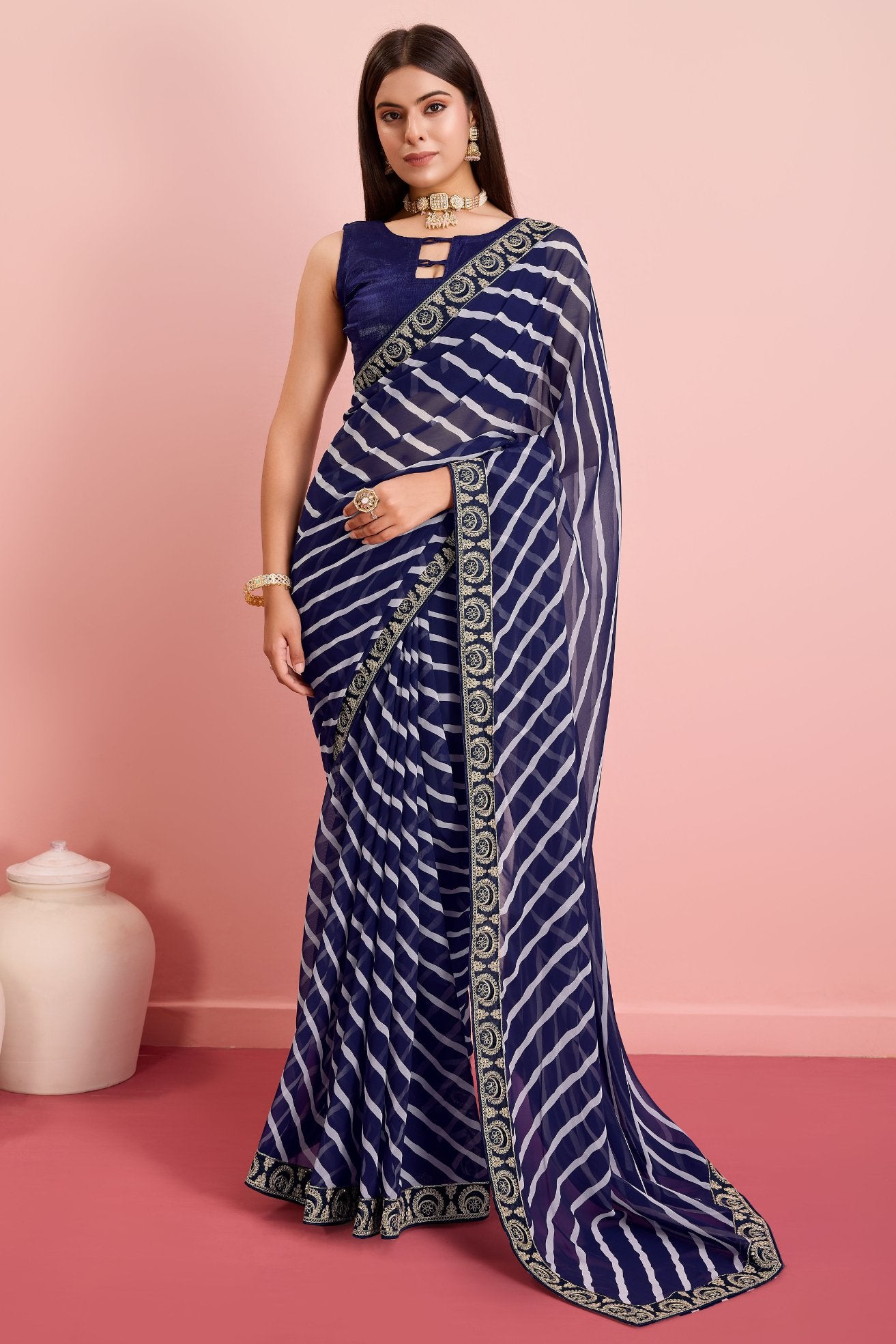 Buy MySilkLove Port Gore Blue Georgette Lehriya Silk saree Online