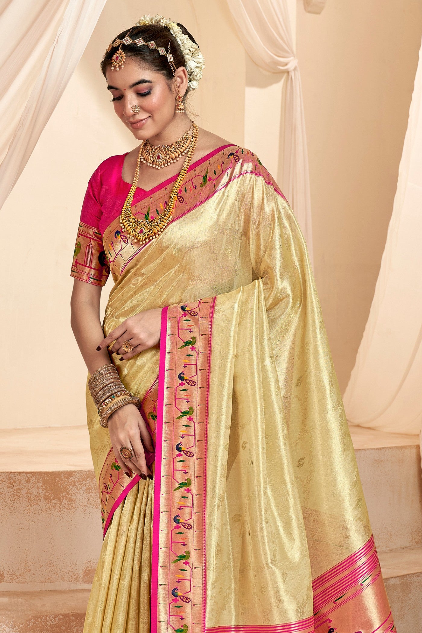 Buy MySilkLove Burly Wood Cream Zari Woven Paithani Tissue Saree Online