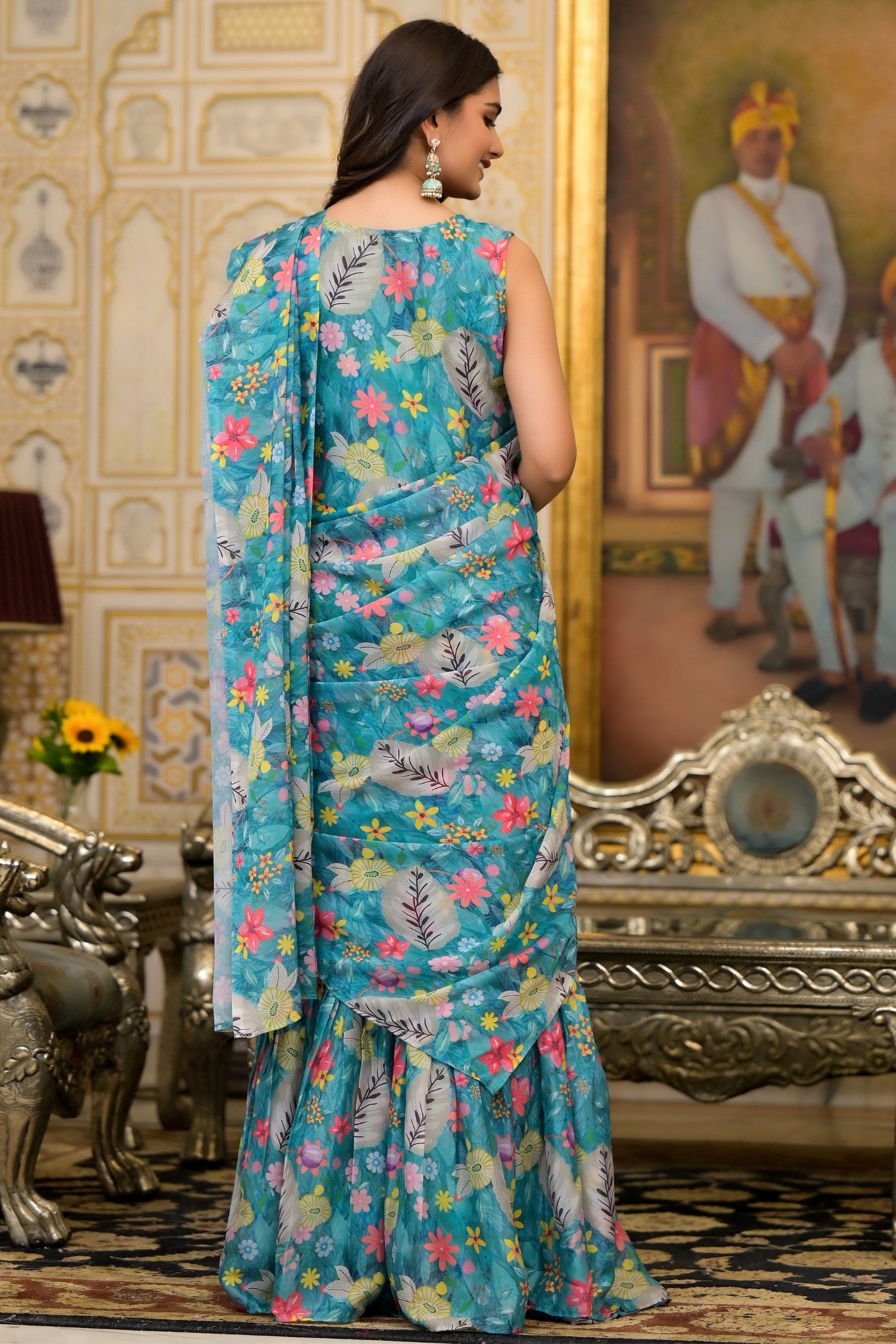 Buy MySilkLove Water Blue Ready To Wear Gown Style Georgette Saree Online