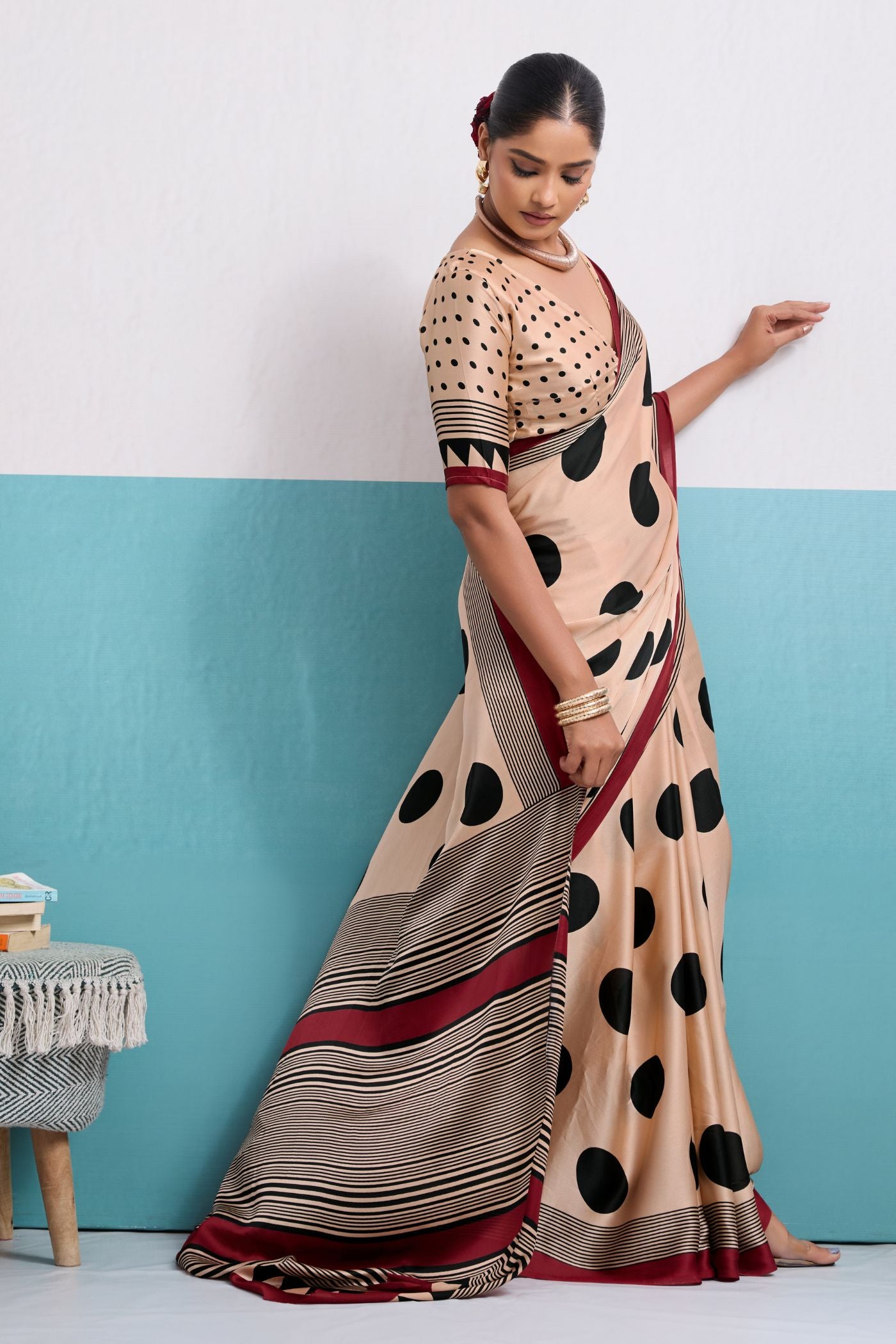 MySilkLove Heavenly Cream and Black Polka Dots Satin Crepe Saree