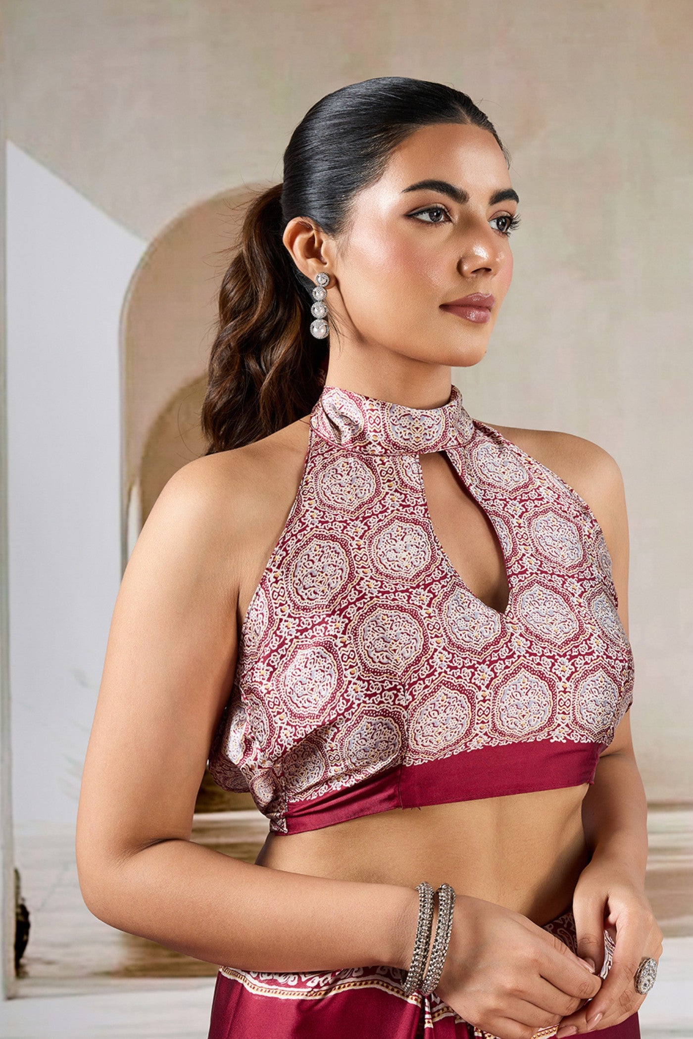 Buy MySilkLove Deep Cherry Maroon Ajrakh Printed Satin Crepe Silk Saree Online