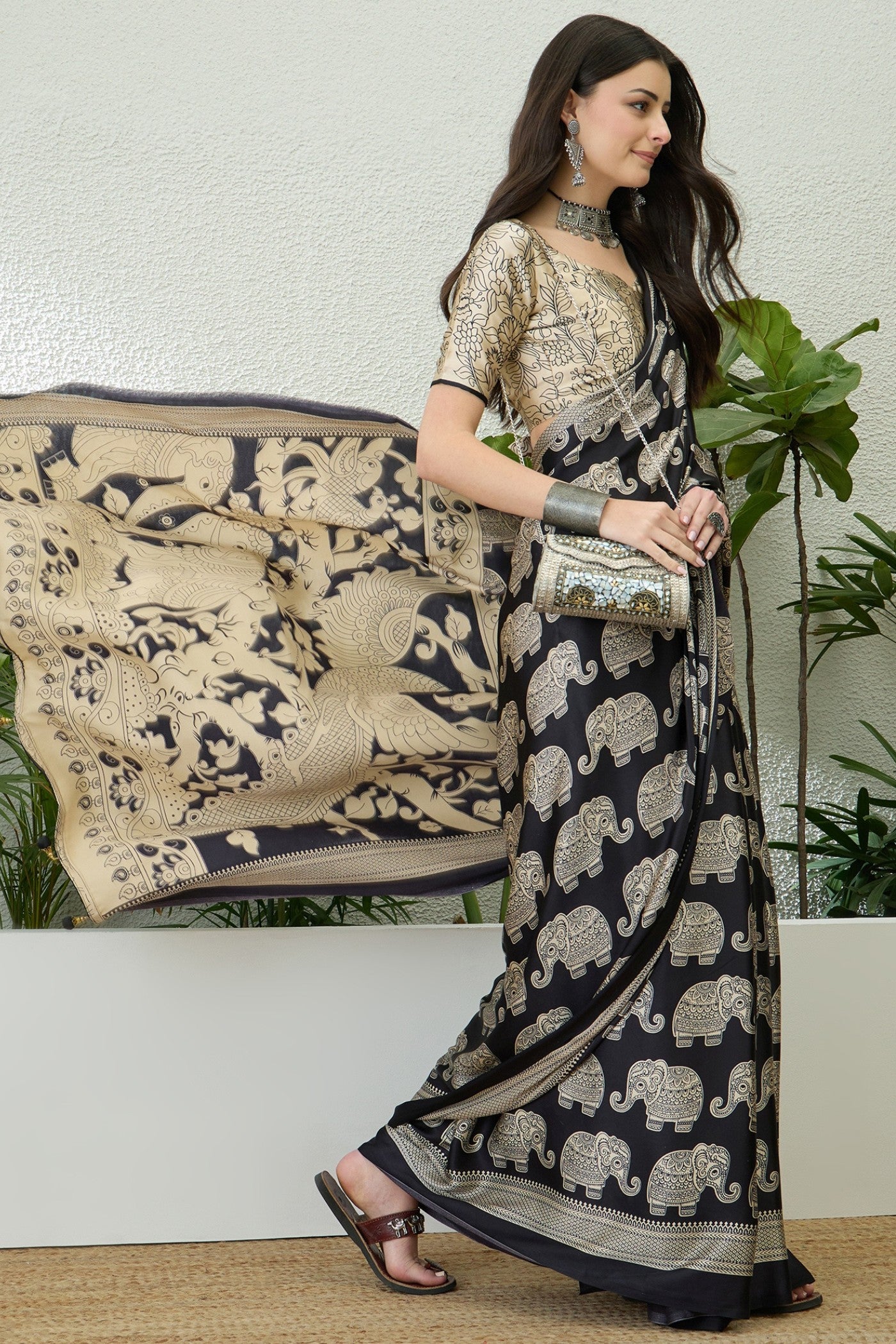 Buy MySilkLove Raisin Black Ajrakh Printed Satin Crepe Silk Saree Online