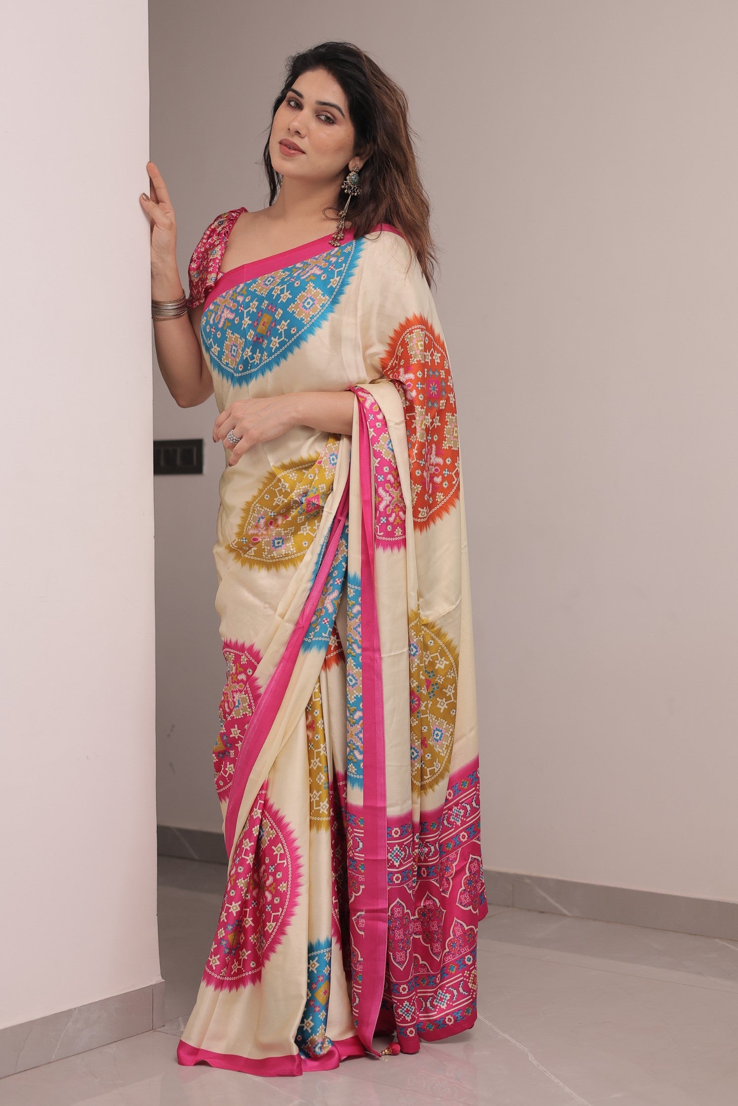 Buy MySilkLove Vanilla Cream and Pink Modal Ajrakh Printed Silk Saree Online