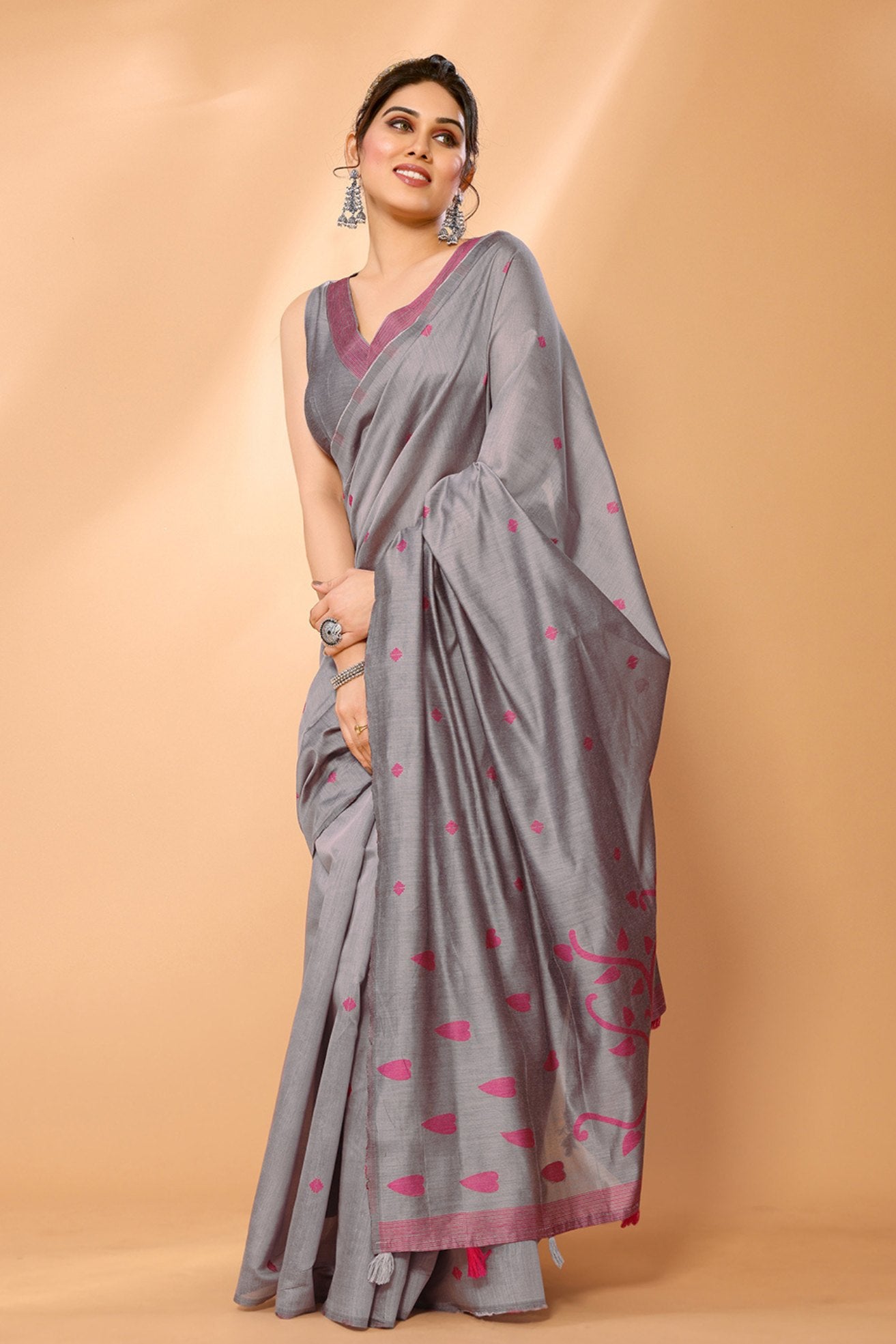 Buy MySilkLove Dusty Grey Woven Chanderi Cotton Saree Online