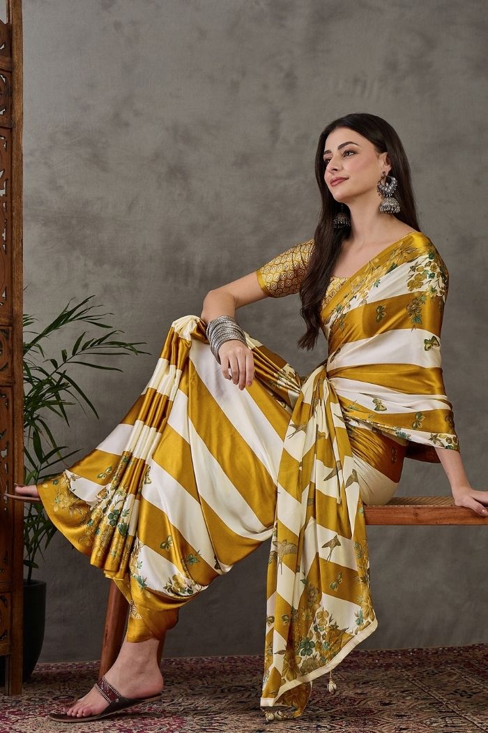 Buy MySilkLove Tulip Yellow Stripe Printed Floral Satin Gaji Silk Saree Online