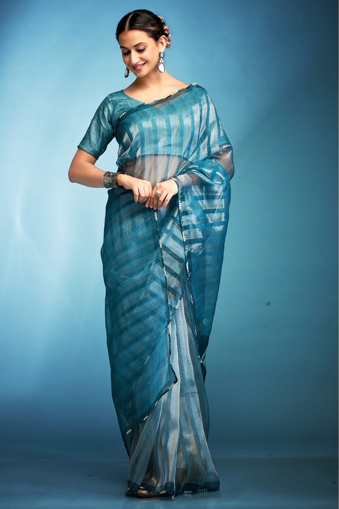 Buy MySilkLove Windows Blue Printed Tissue Saree Online