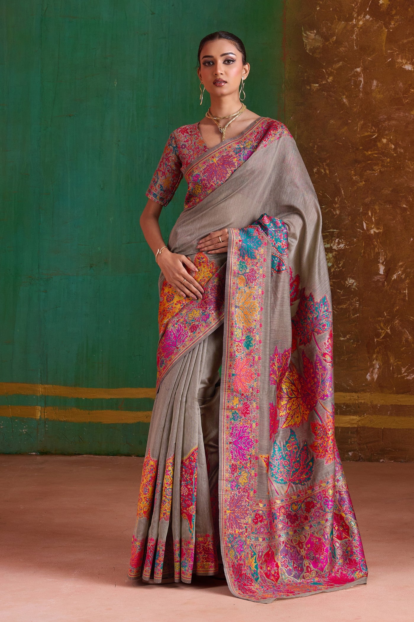 Buy MySilkLove French Grey Kashmiri Handloom Jamewar Saree Online