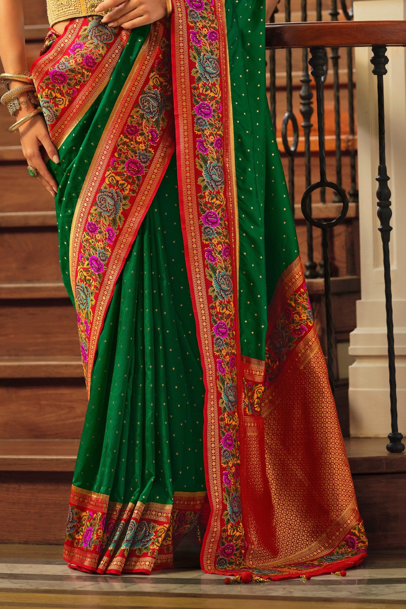 Buy MySilkLove Bottle Green Printed Banarasi Saree Online