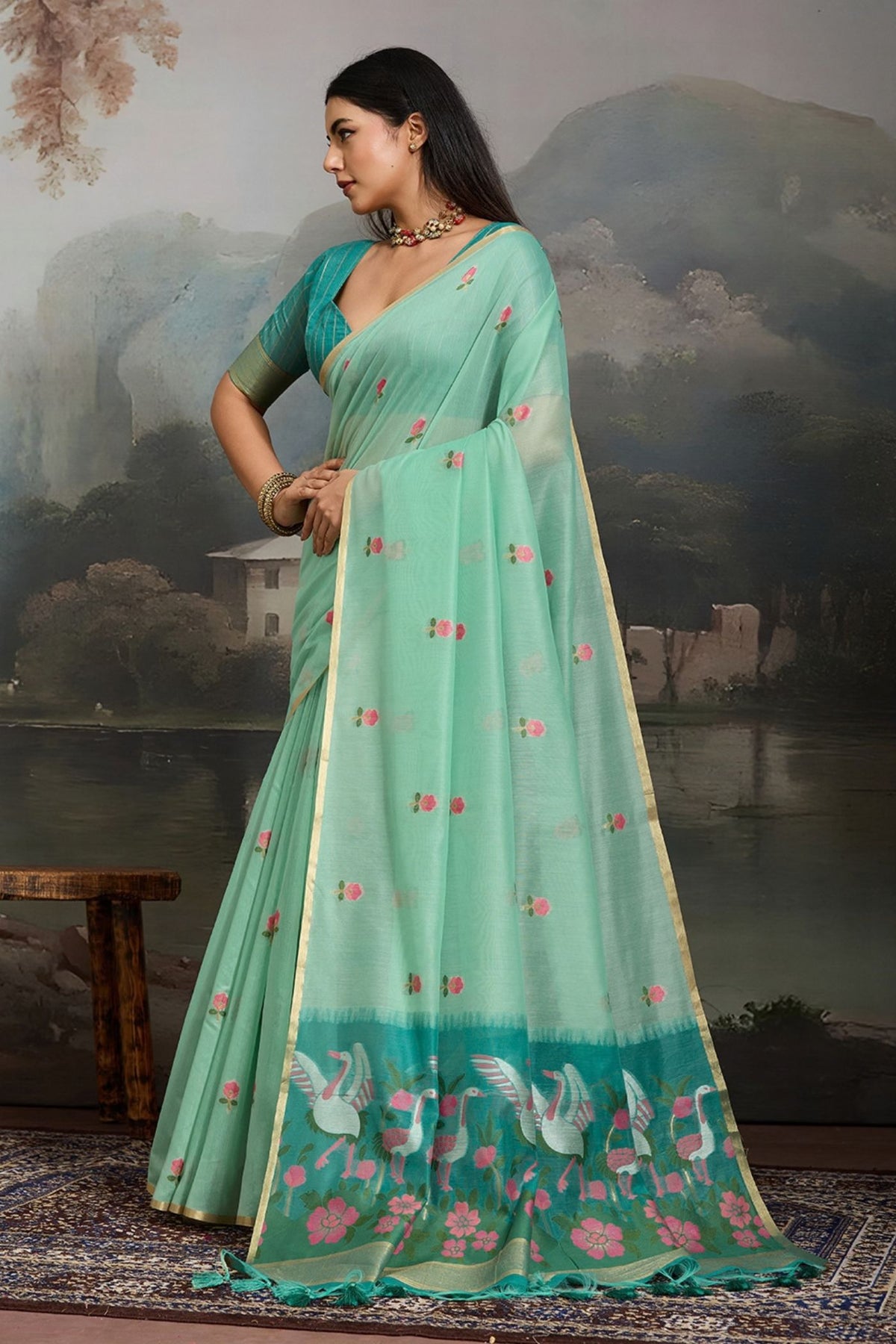 Buy MySilkLove Gardenia Green Cotton Handloom Swan Saree Online