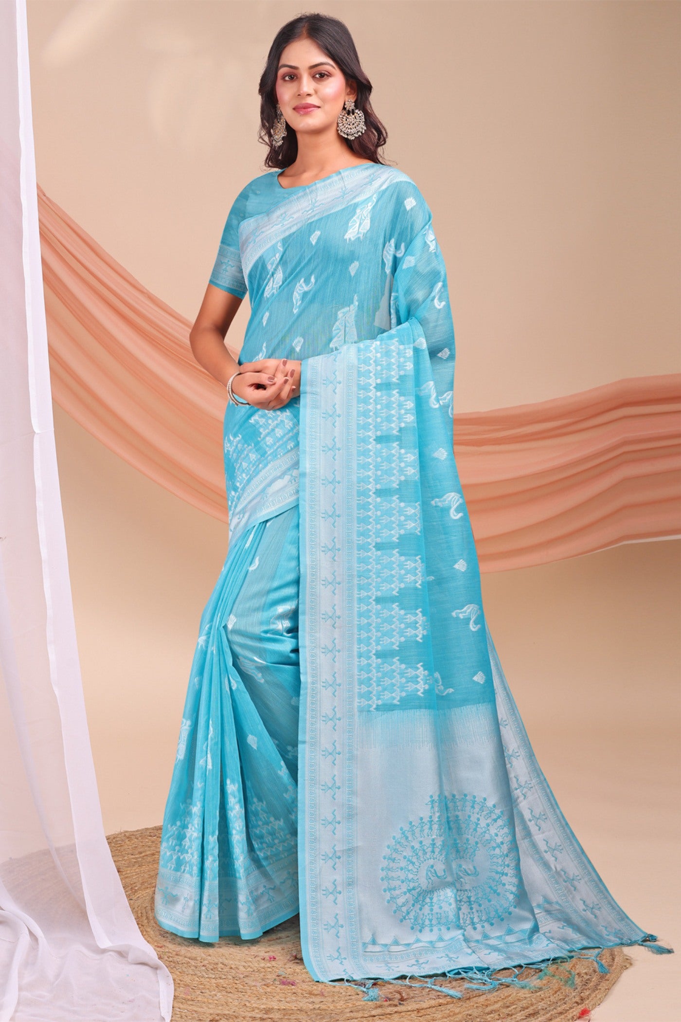 Buy MySilkLove Water Blue Woven Linen Cotton Saree Online