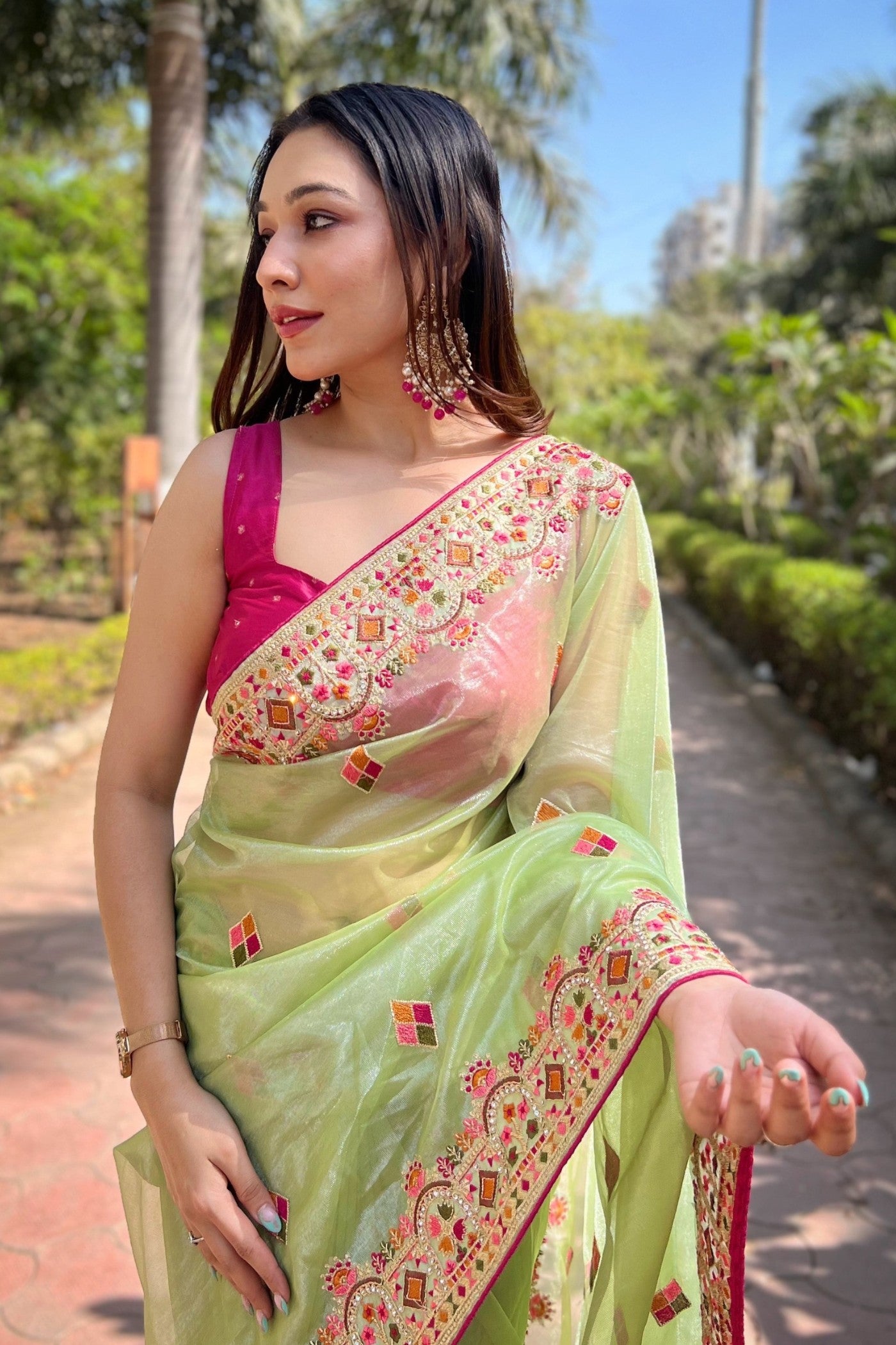 Buy MySilkLove Pista Green Embroidered Tissue Silk Saree Online