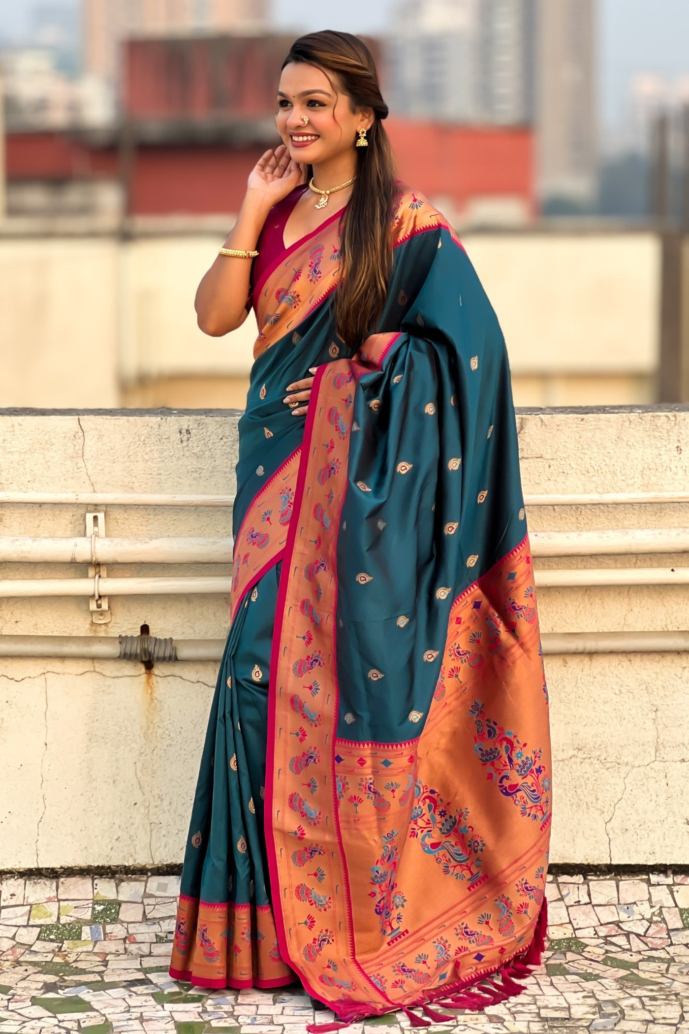 Buy MySilkLove Teal Blue Woven Lotus Paithani Saree Online