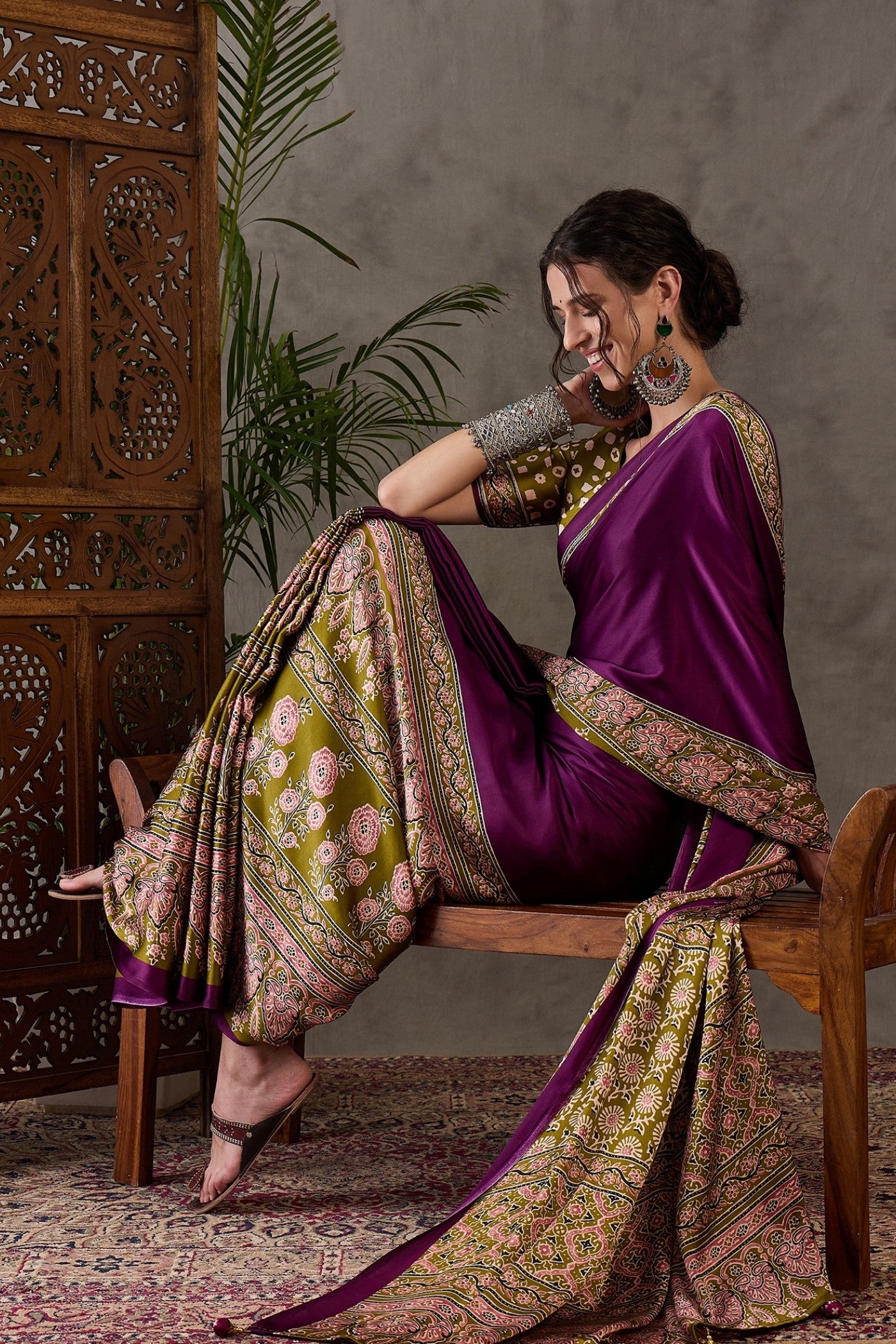 Buy MySilkLove Berry Purple Printed Satin Gaji Silk Saree Online