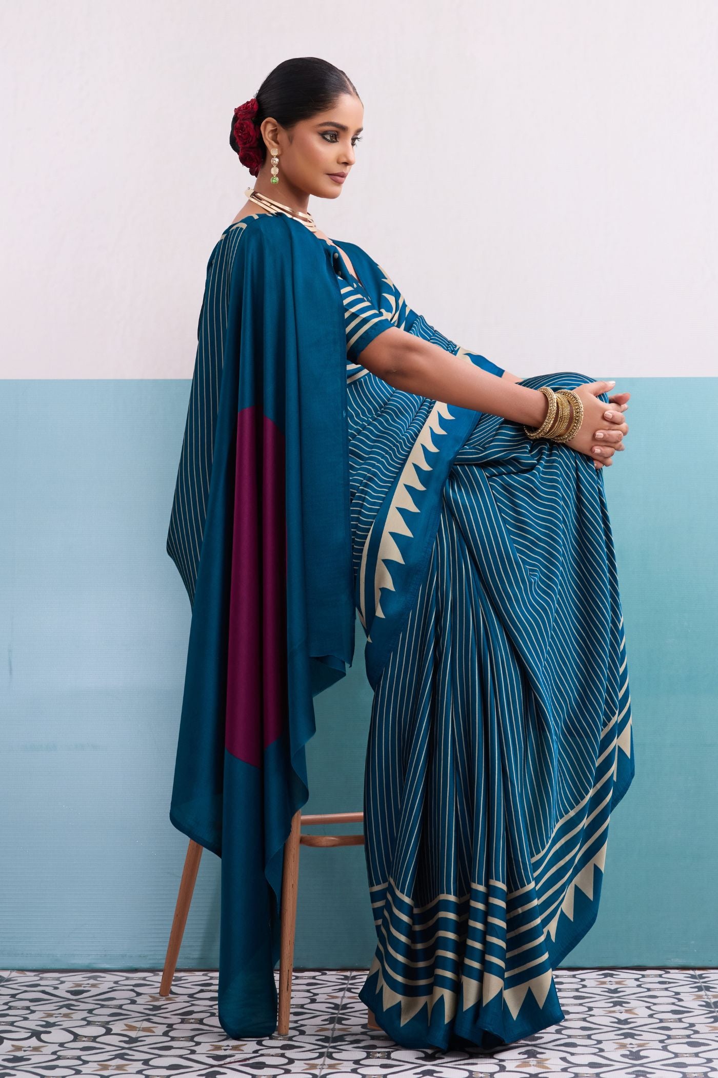 MySilkLove Marine Blue Stripe Ajrakh Printed Satin Crepe Silk Saree