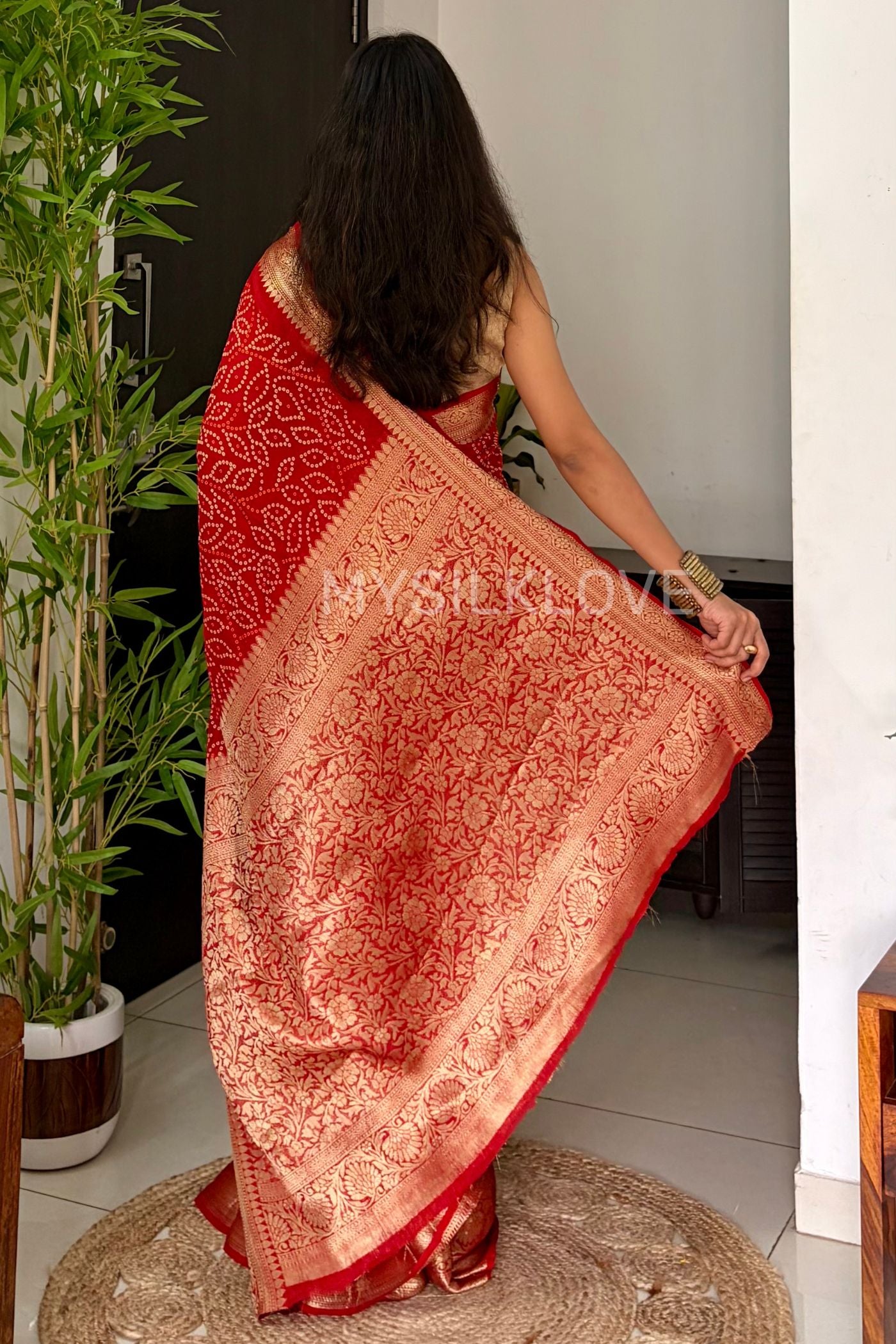 Buy MySilkLove Canary Red Bandhani Zari Woven Silk Saree Online