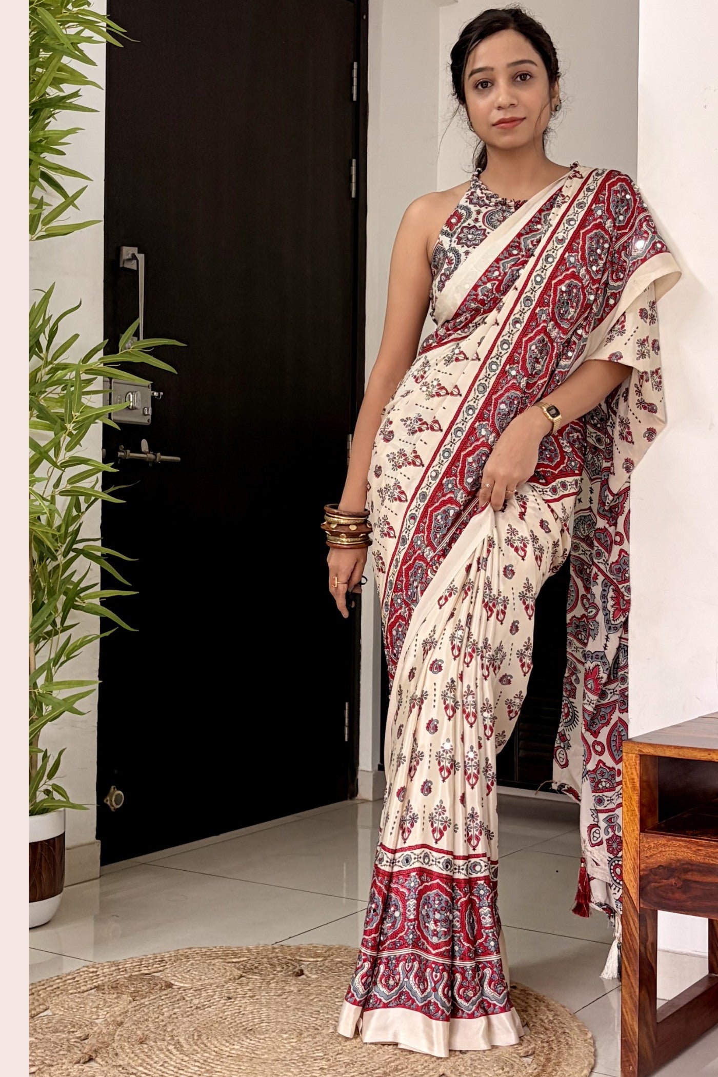 Buy MySilkLove Neutral Beige Modal Ajrakh Satin Printed Mirror Work Saree Online