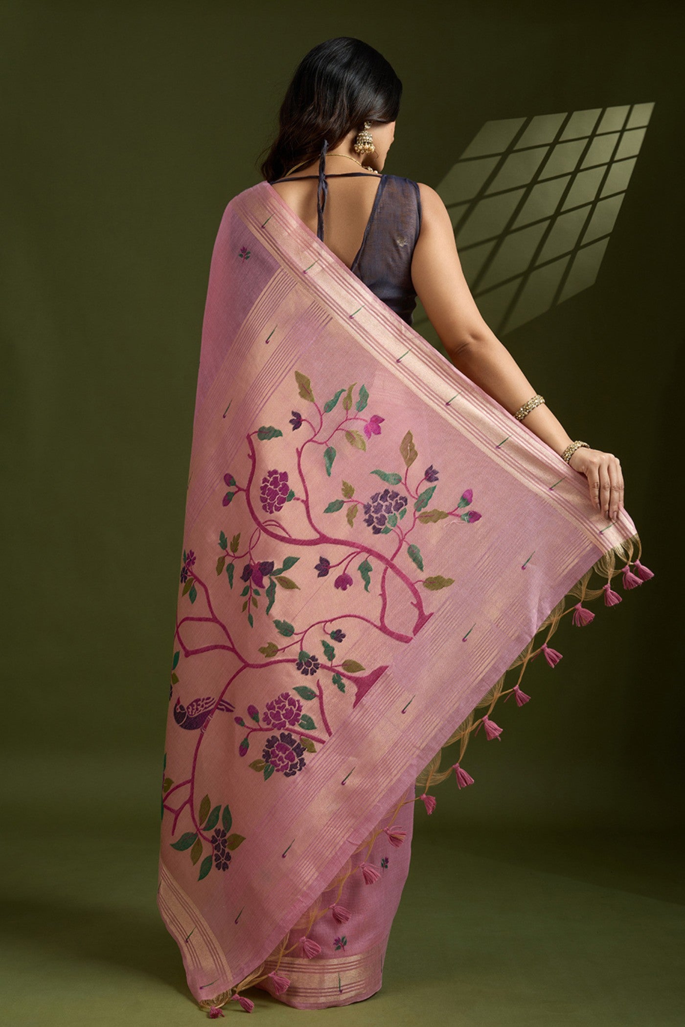 Buy MySilkLove Pink Pearl Woven Muga Cotton Paithani Saree Online